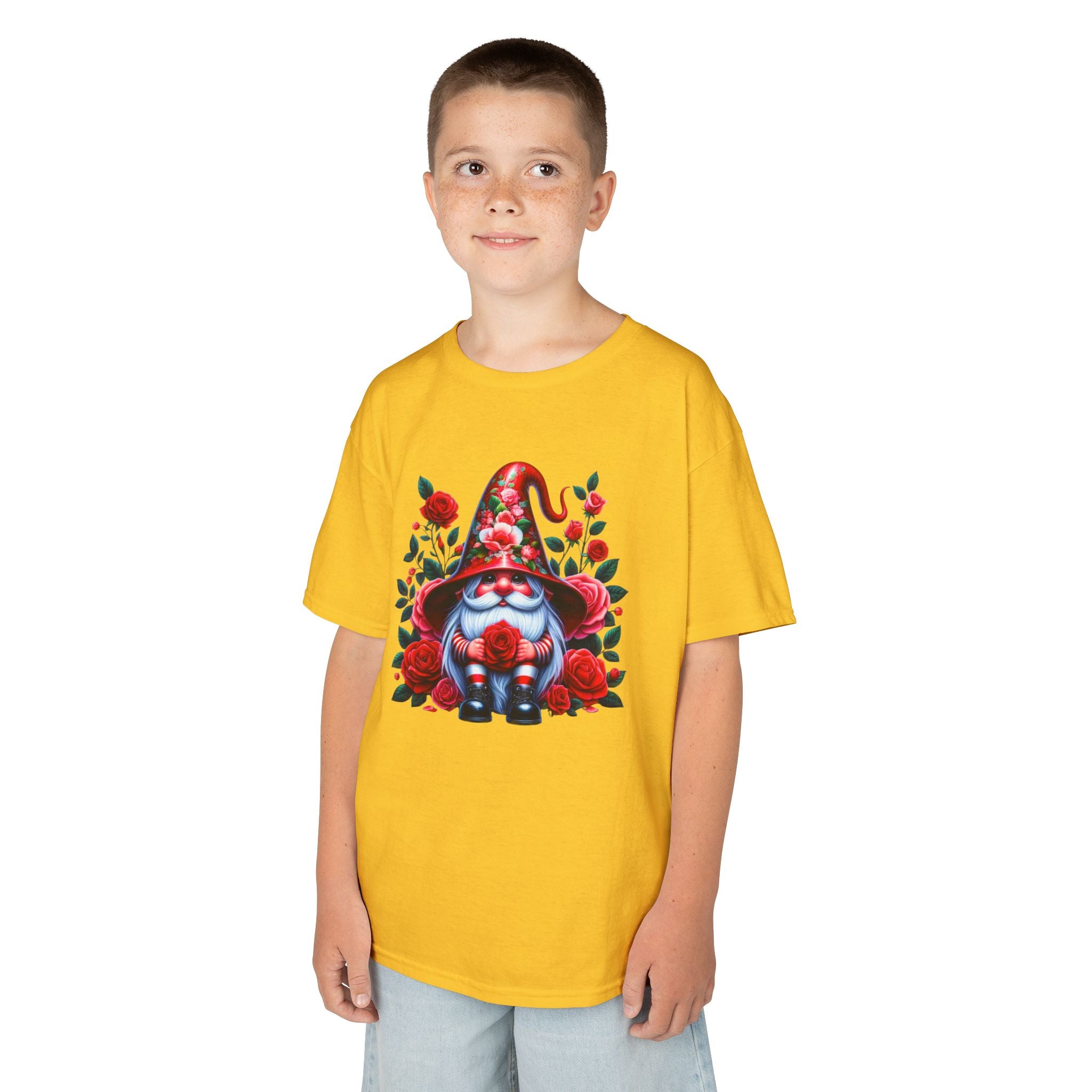 Valentine Gnome Kids Tee — Cute Red Rose Garden Gnome Shirt