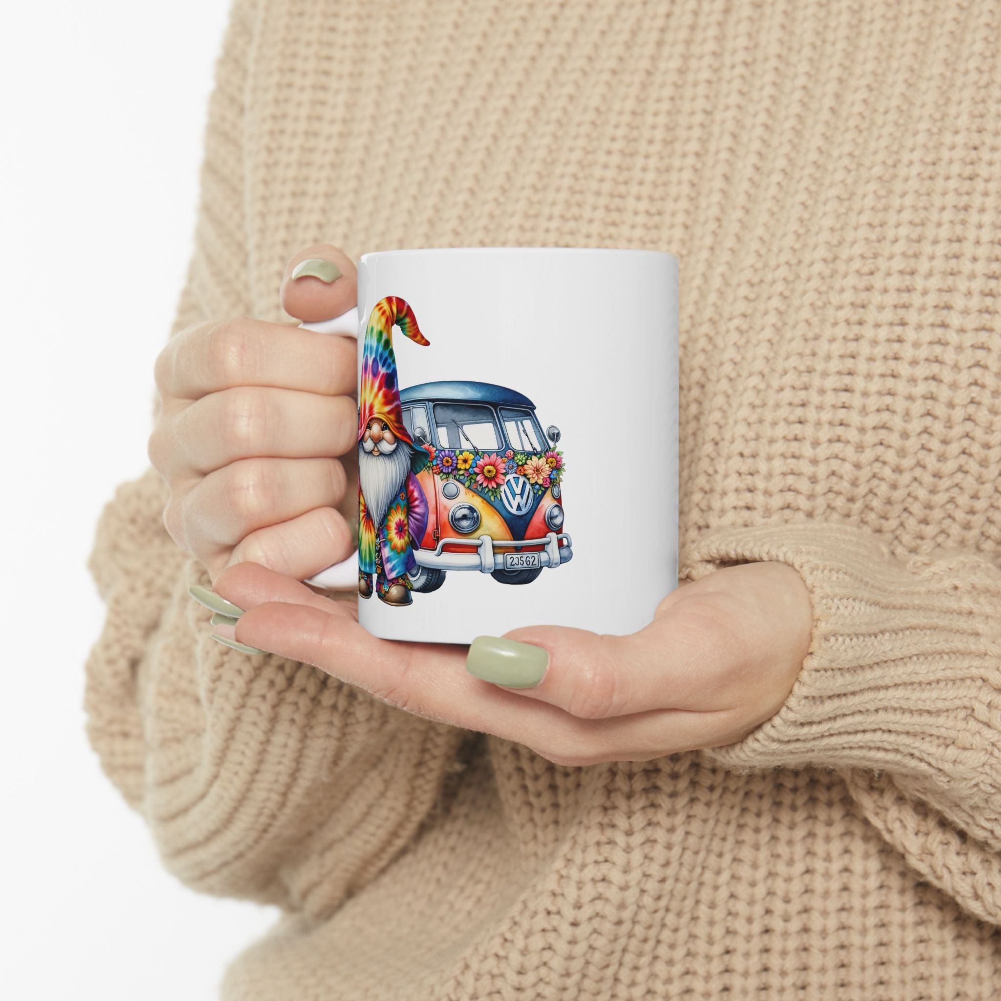 Tie-Dye Gnome Ceramic Mug (11oz, 15oz) — Hippie Van & Colorful Gnome Coffee Cup