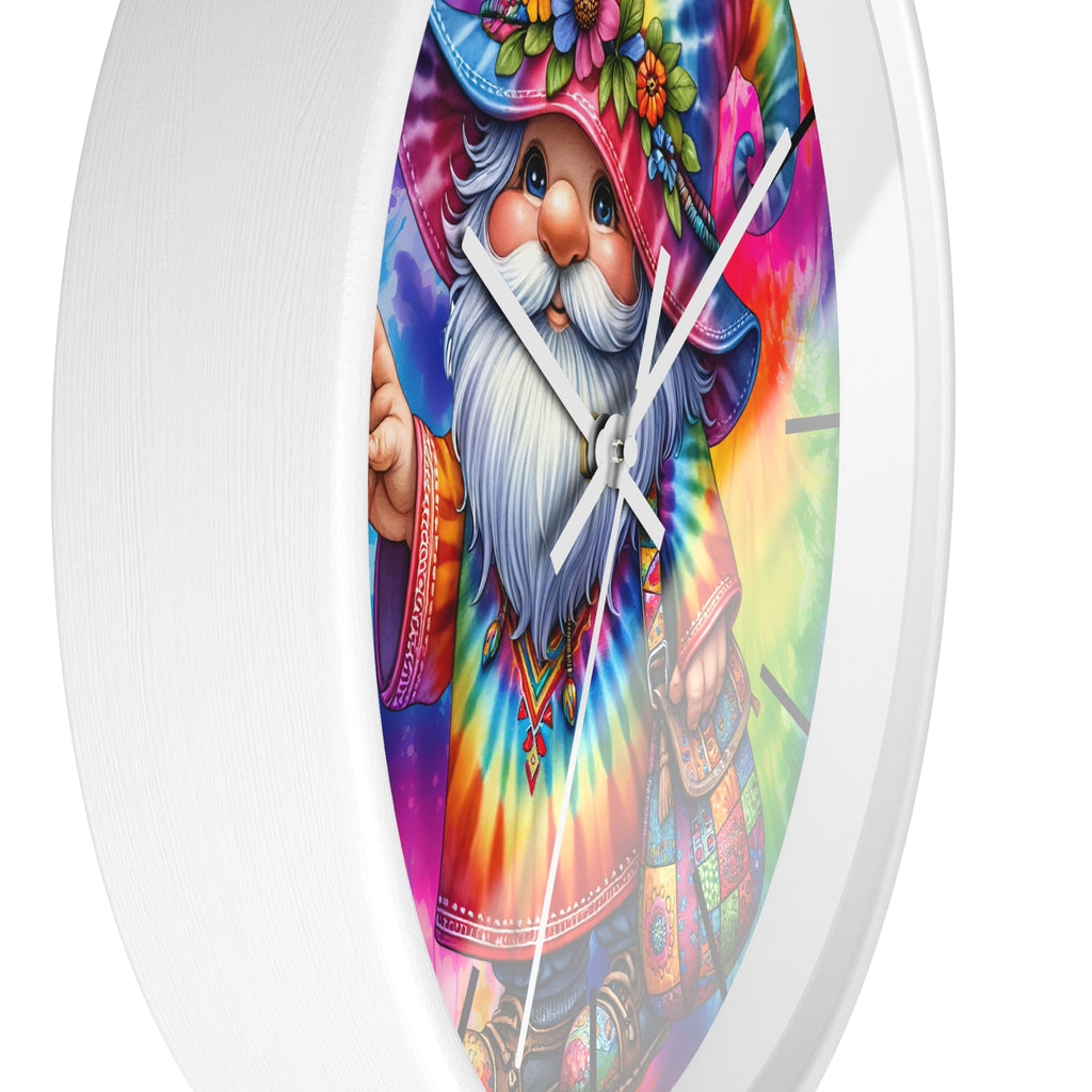 Tie-Dye Gnome Wall Clock — Colorful Hippie Garden Decor
