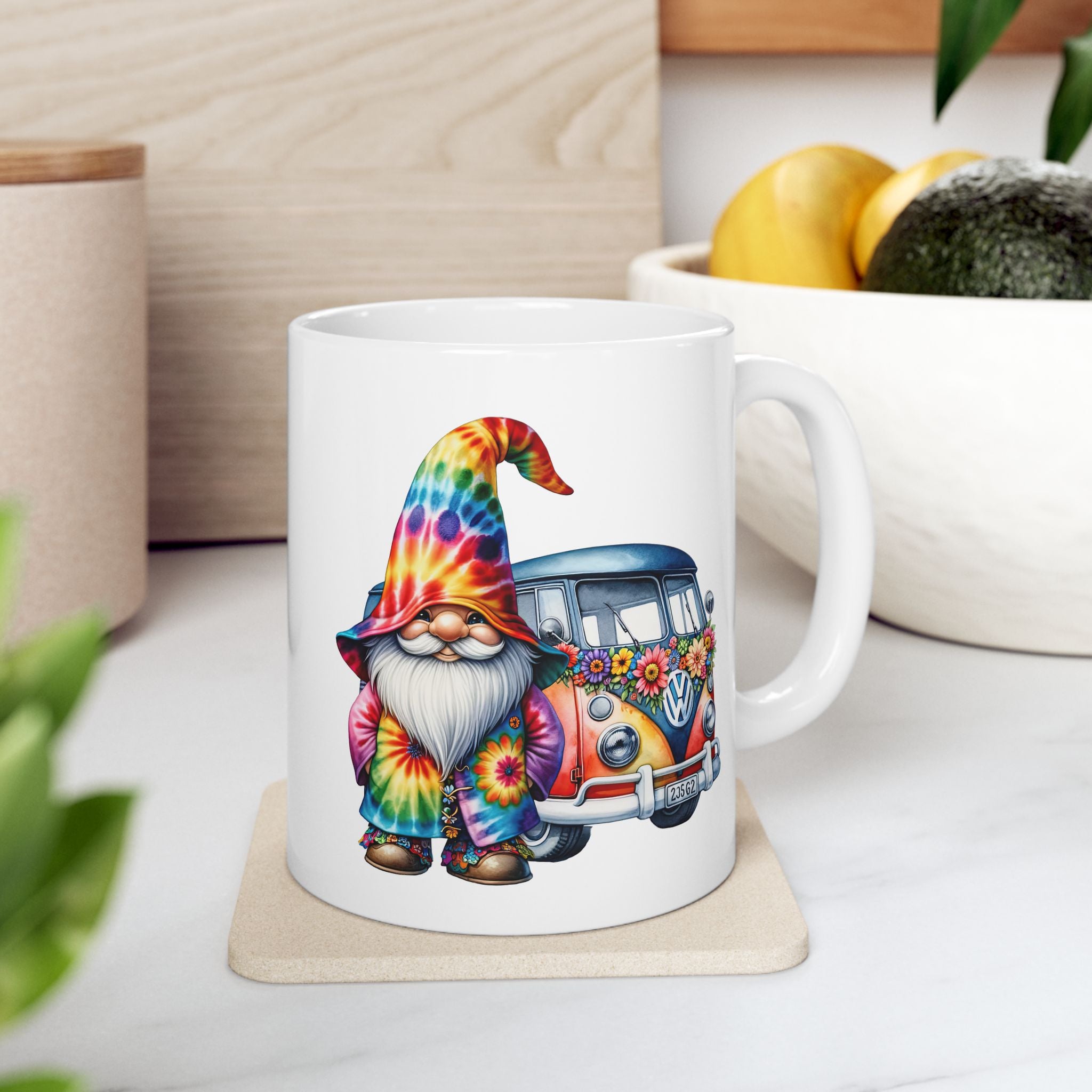Tie-Dye Gnome Ceramic Mug (11oz, 15oz) — Hippie Van & Colorful Gnome Coffee Cup