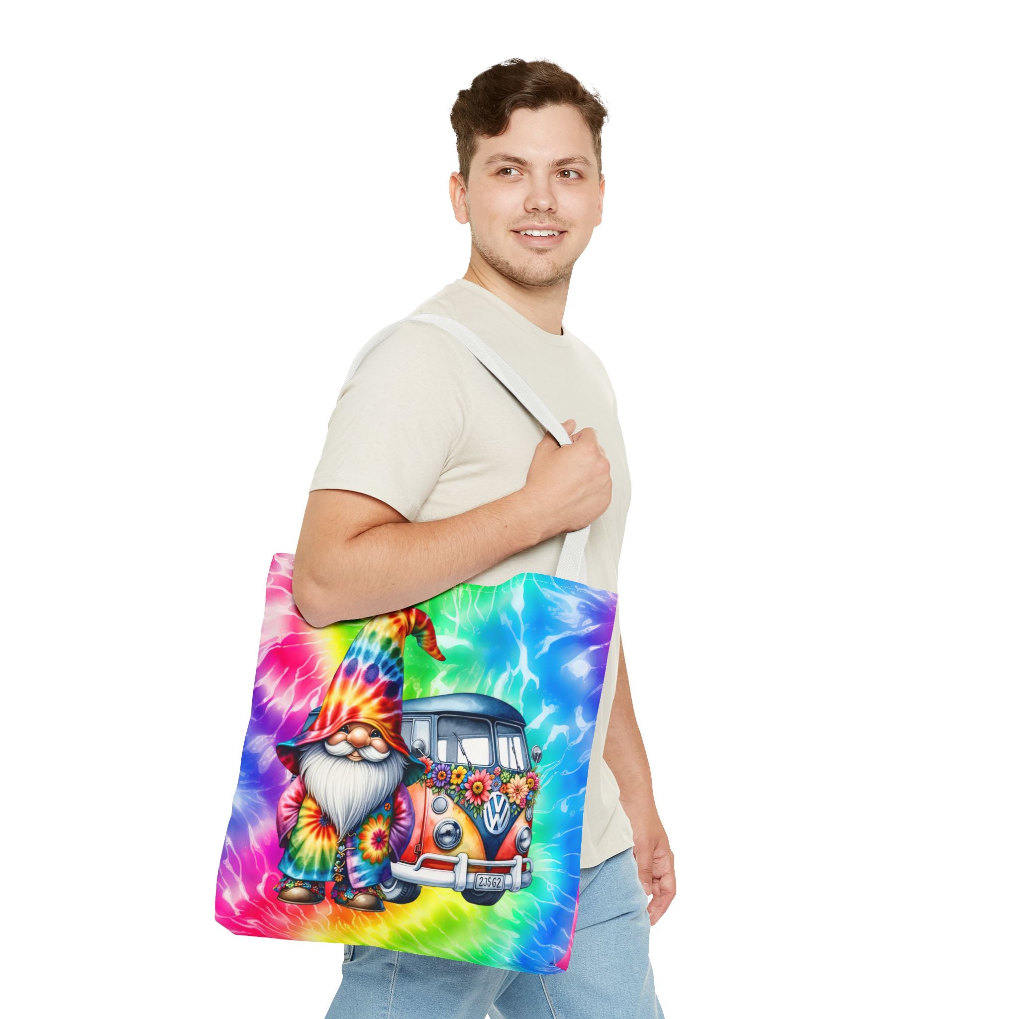 Tie-Dye Hippie Gnome Tote Bag — VW Bus Floral Boho Beach Tote