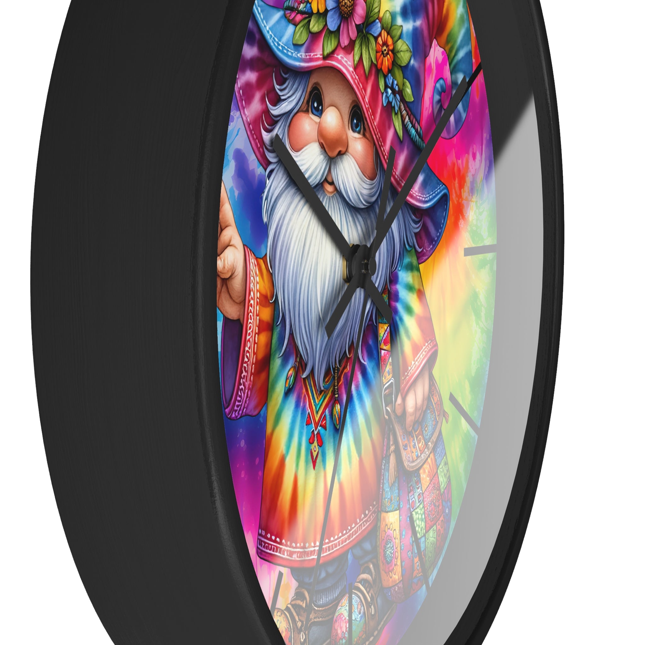 Tie-Dye Gnome Wall Clock — Colorful Hippie Garden Decor