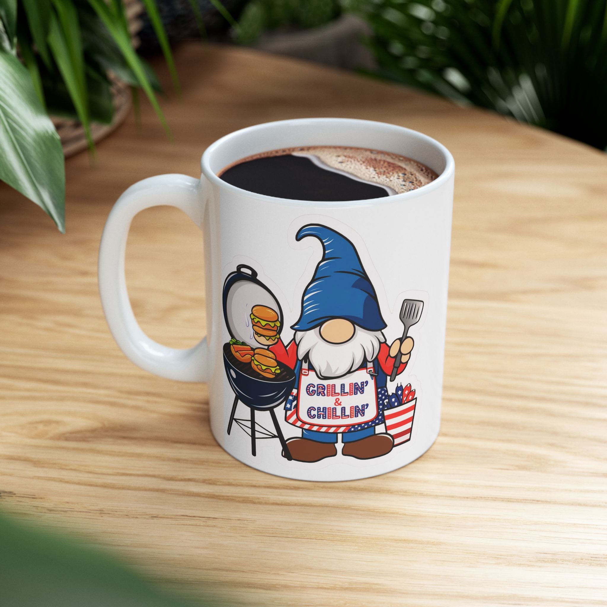 Grilling Gnome Ceramic Mug — Cute BBQ & Patriotic Party Coffee Cup (11oz, 15oz)