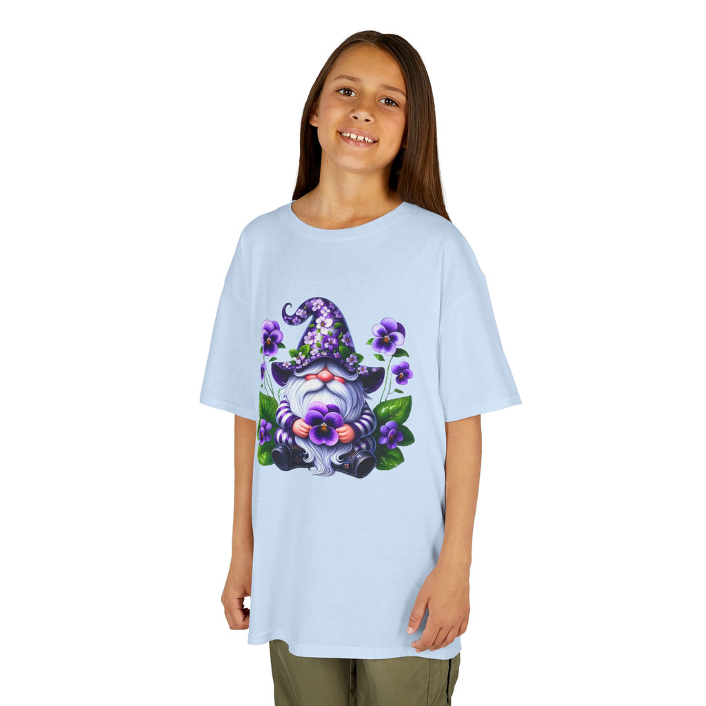 Kids Gnome T‑Shirt — Cute Purple Floral Wizard Gnome Tee for Children