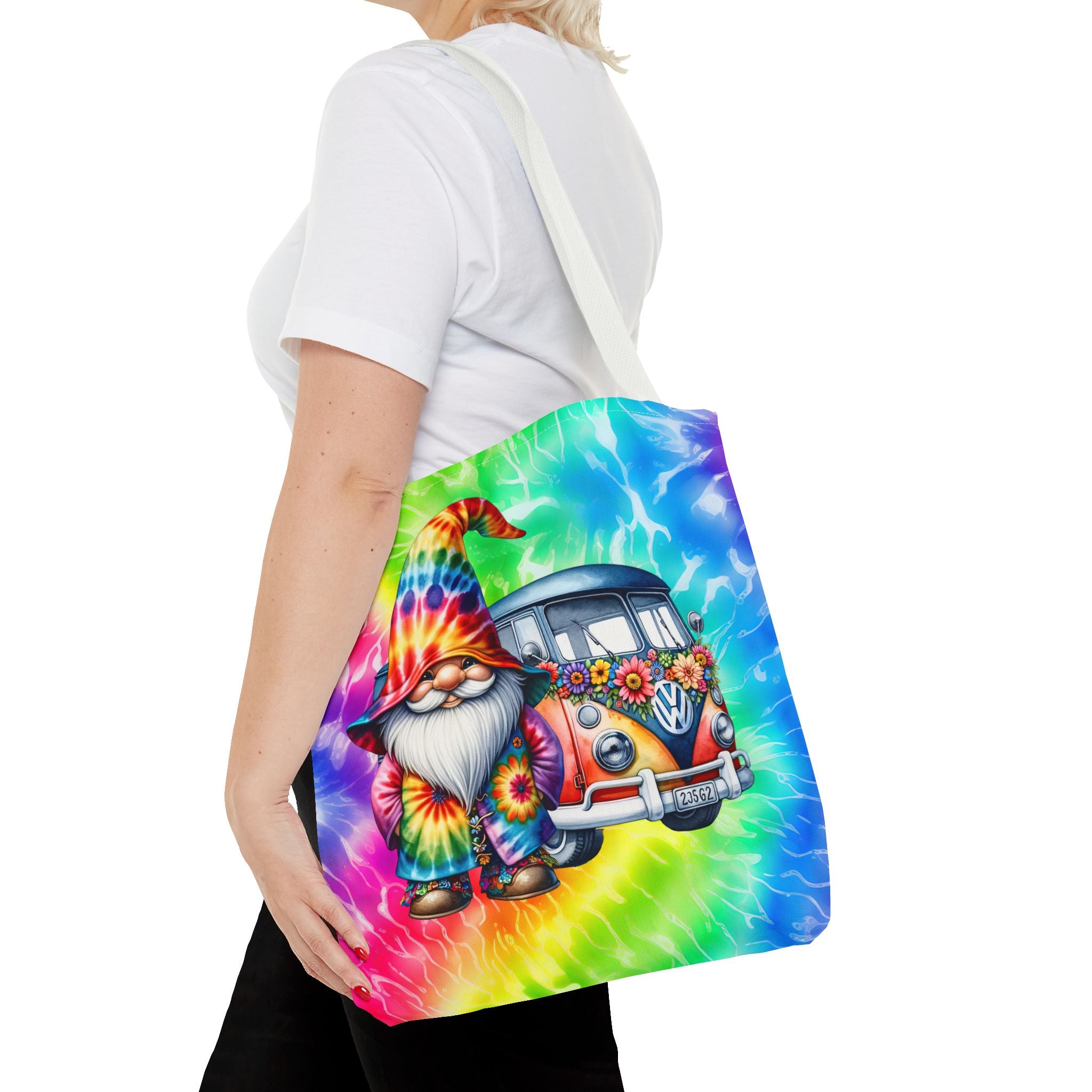 Tie-Dye Hippie Gnome Tote Bag — VW Bus Floral Boho Beach Tote