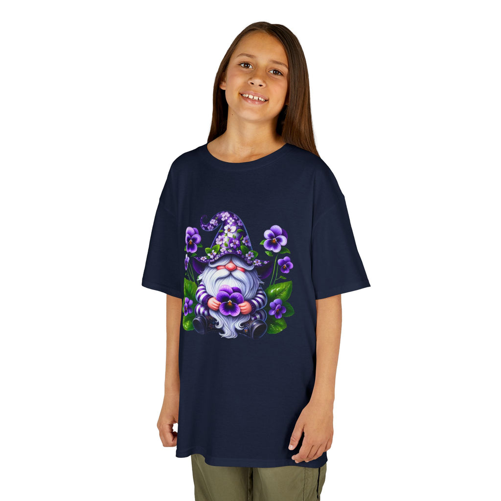 Kids Gnome T‑Shirt — Cute Purple Floral Wizard Gnome Tee for Children