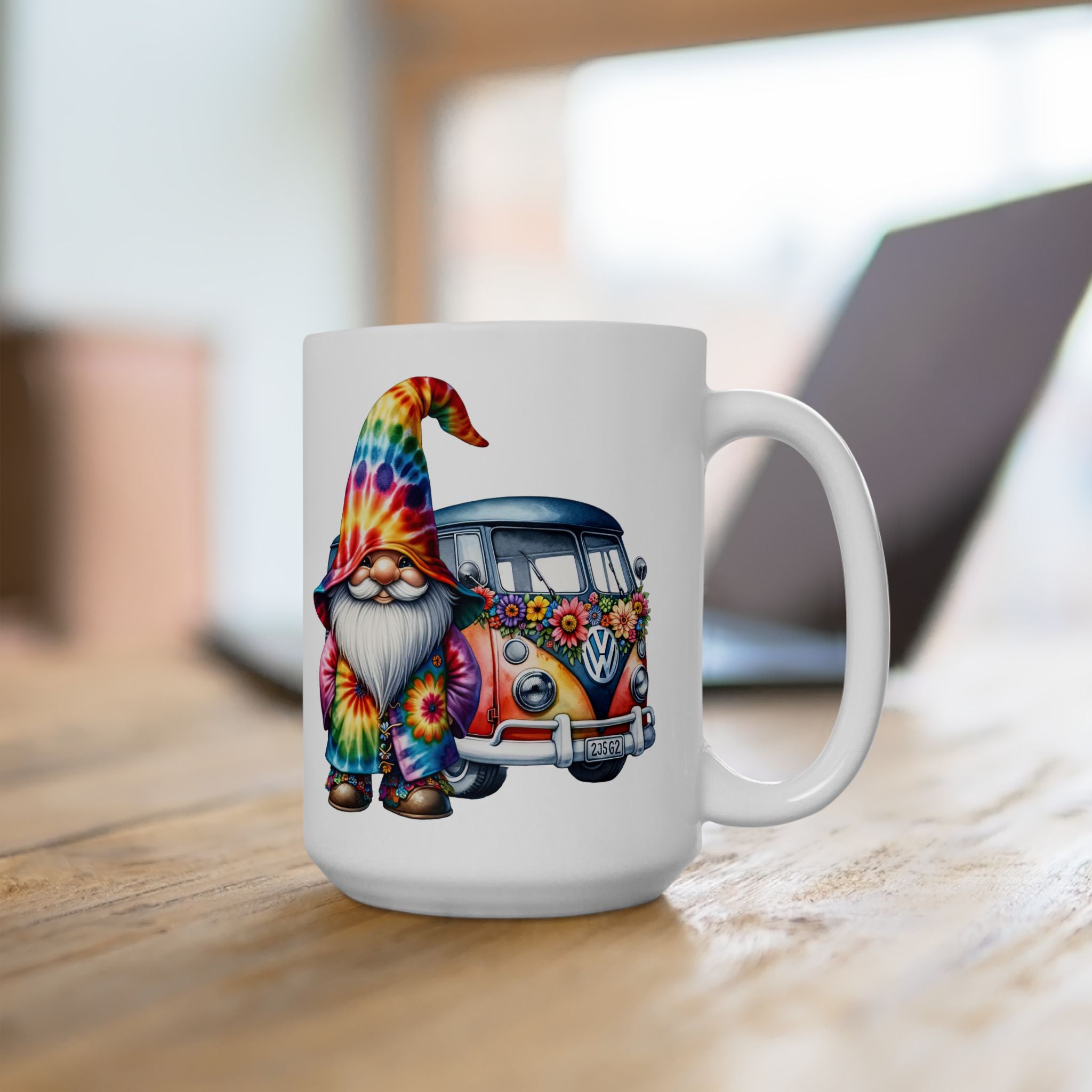 Tie-Dye Gnome Ceramic Mug (11oz, 15oz) — Hippie Van & Colorful Gnome Coffee Cup