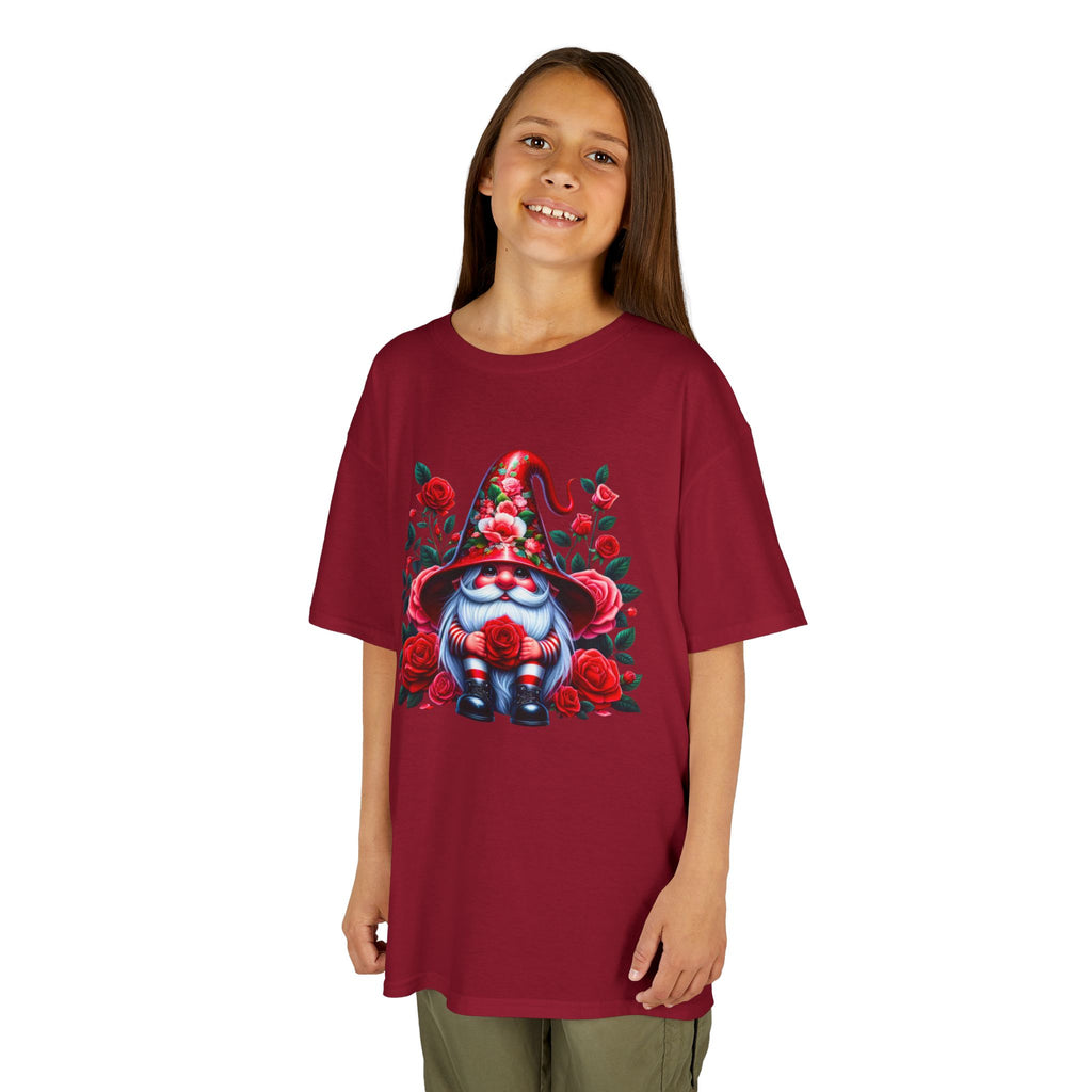 Valentine Gnome Kids Tee — Cute Red Rose Garden Gnome Shirt