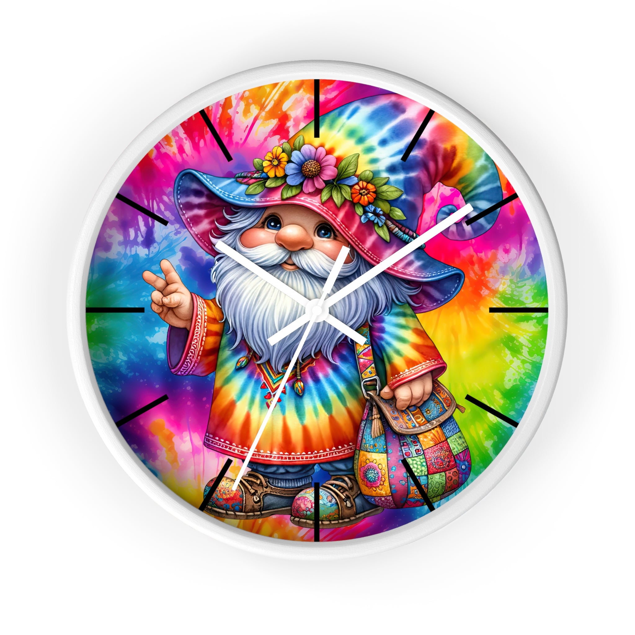 Tie-Dye Gnome Wall Clock — Colorful Hippie Garden Decor