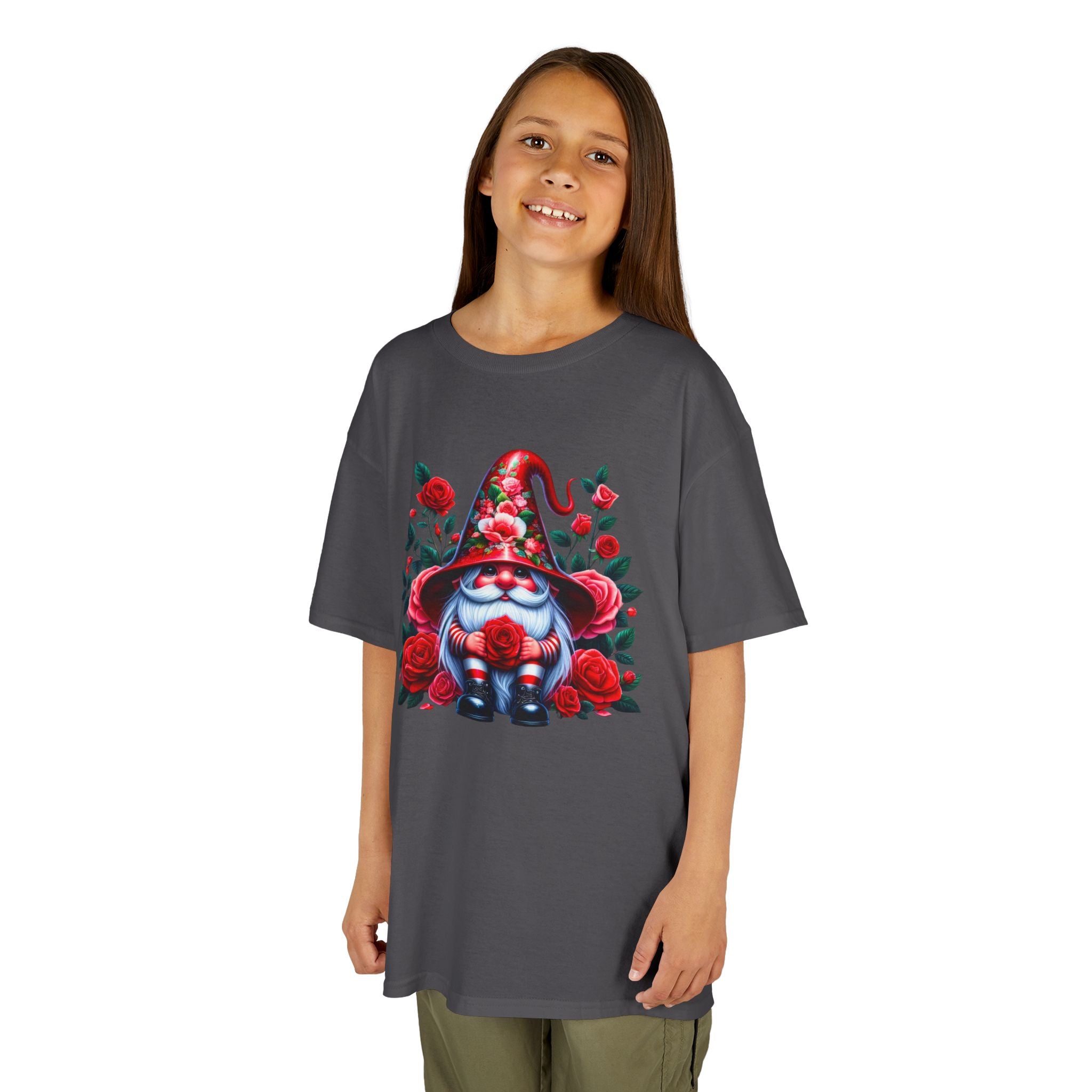 Valentine Gnome Kids Tee — Cute Red Rose Garden Gnome Shirt