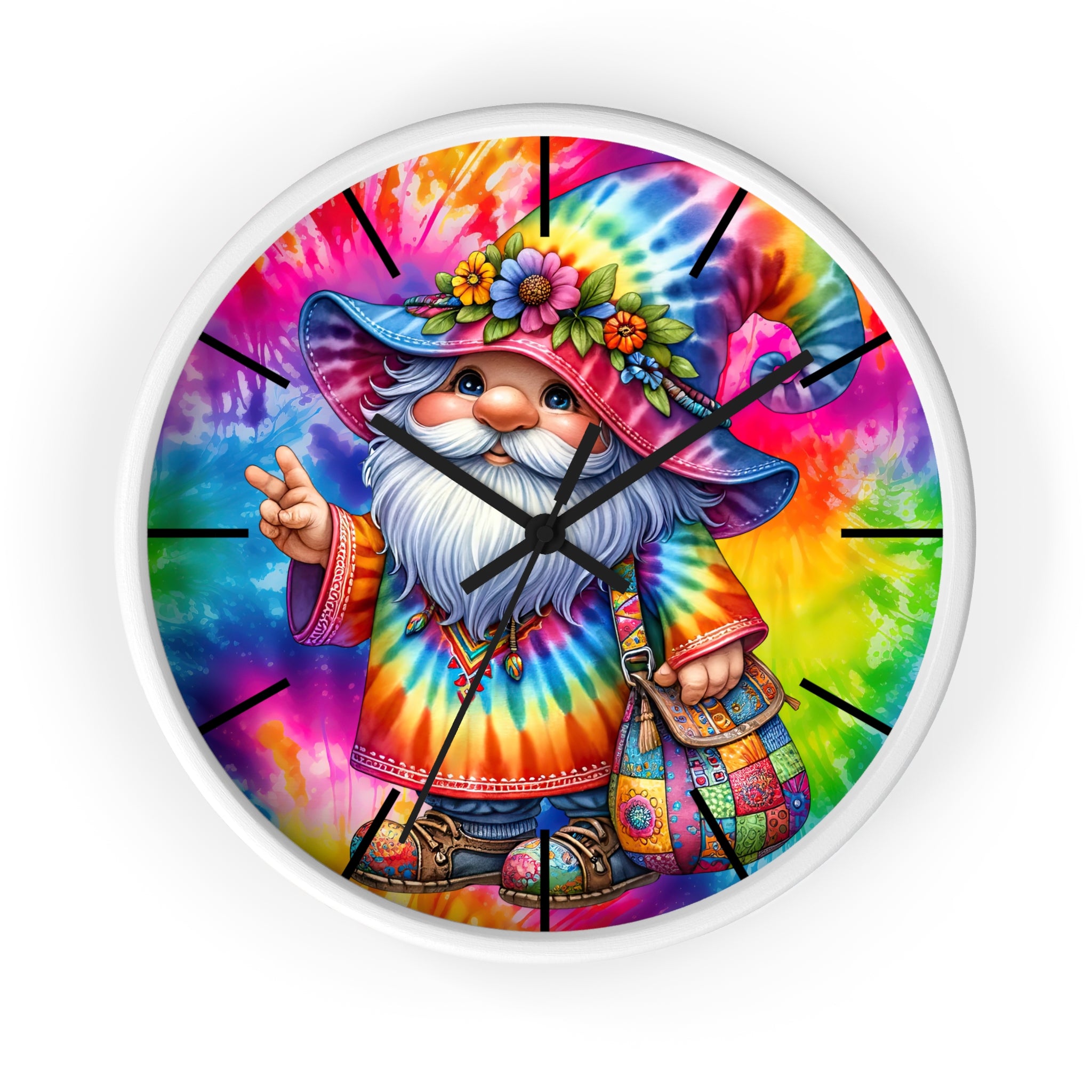 Tie-Dye Gnome Wall Clock — Colorful Hippie Garden Decor