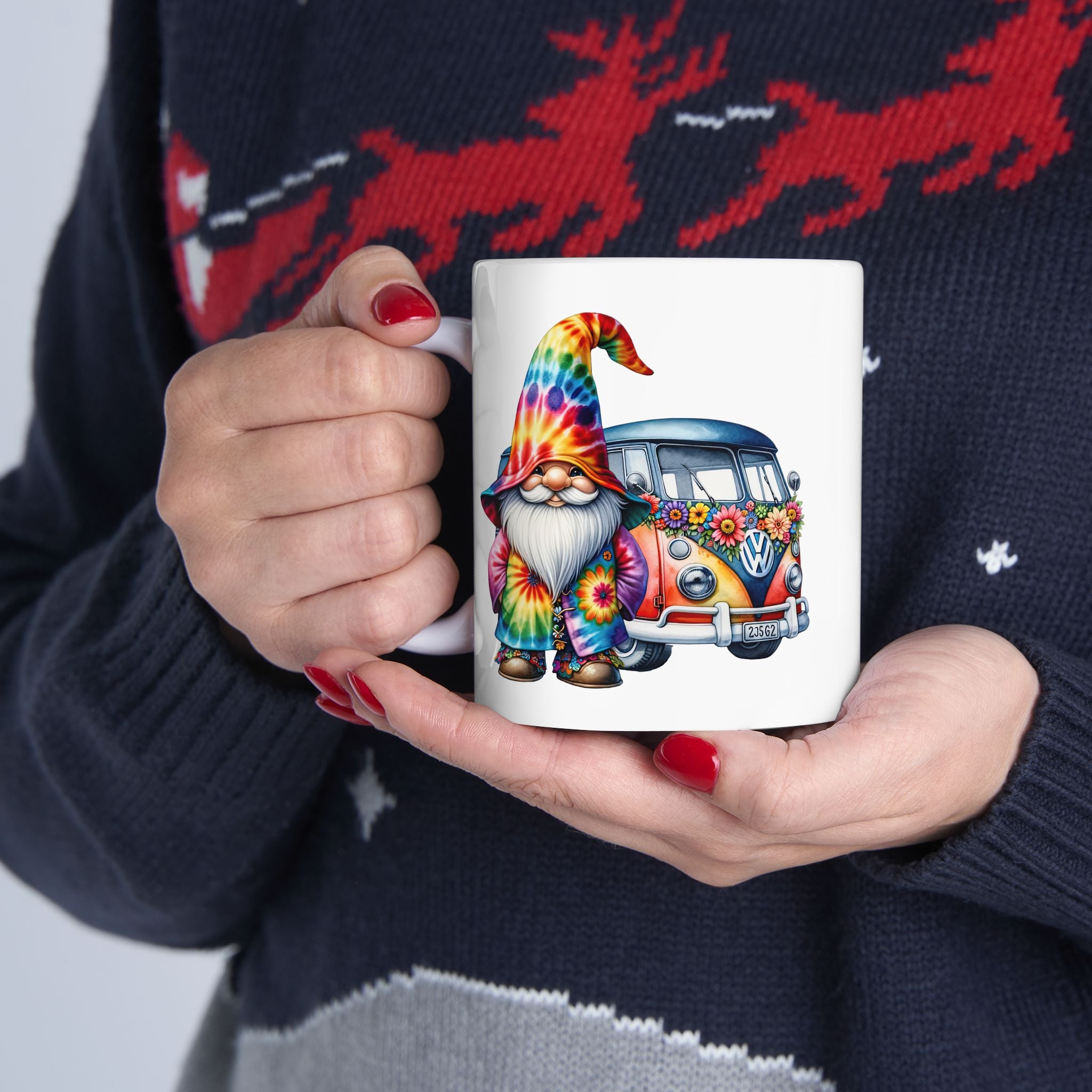 Tie-Dye Gnome Ceramic Mug (11oz, 15oz) — Hippie Van & Colorful Gnome Coffee Cup