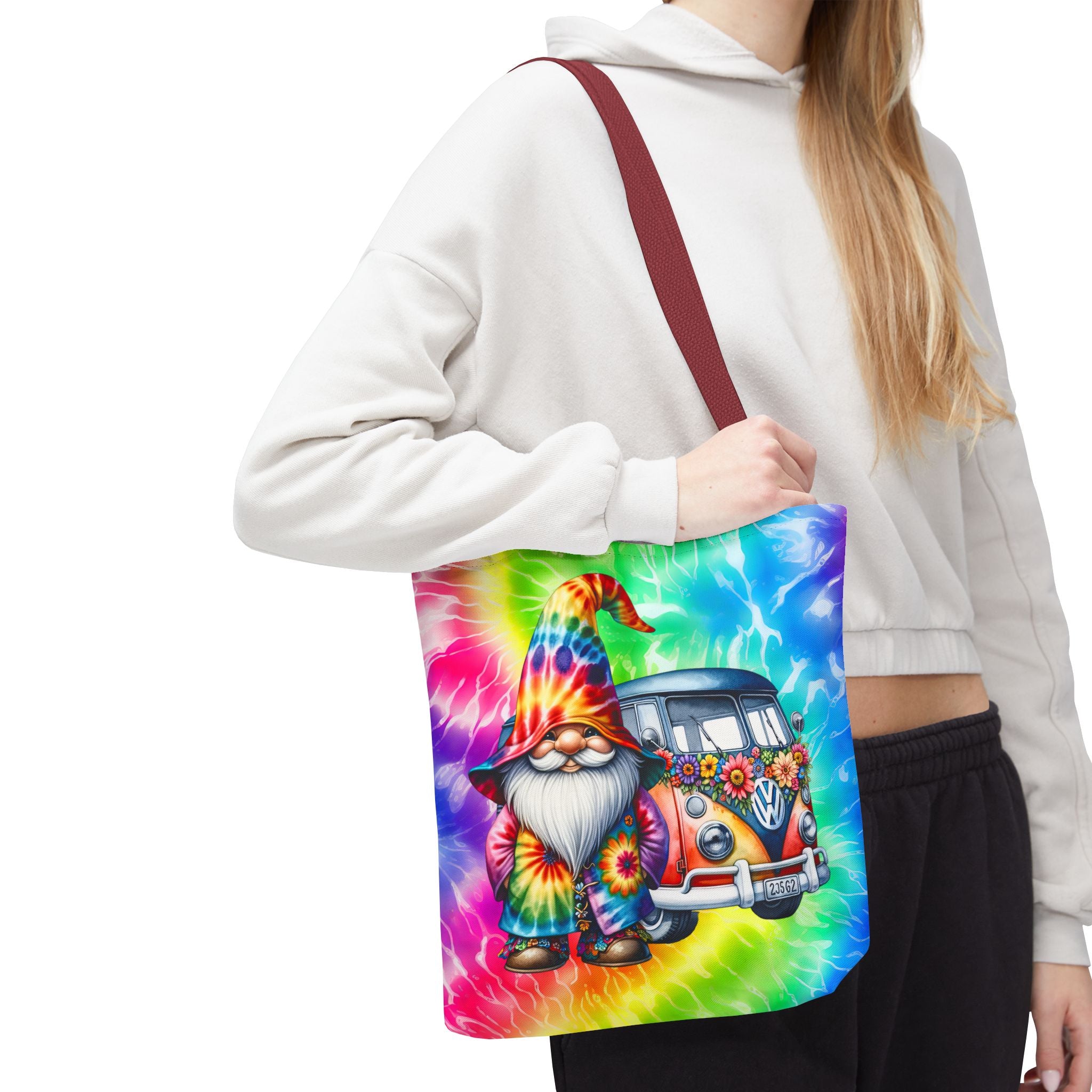 Tie-Dye Hippie Gnome Tote Bag — VW Bus Floral Boho Beach Tote