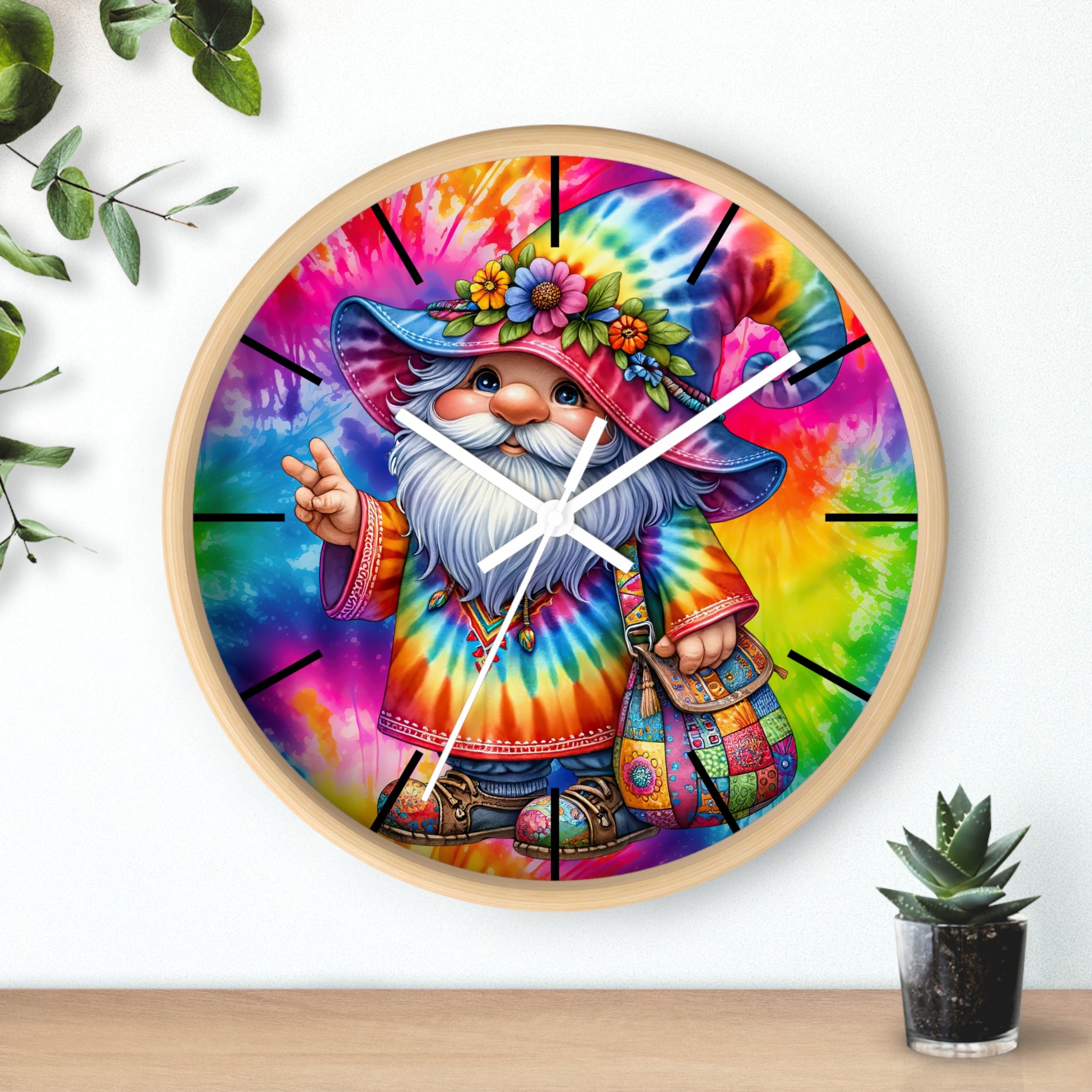 Tie-Dye Gnome Wall Clock — Colorful Hippie Garden Decor