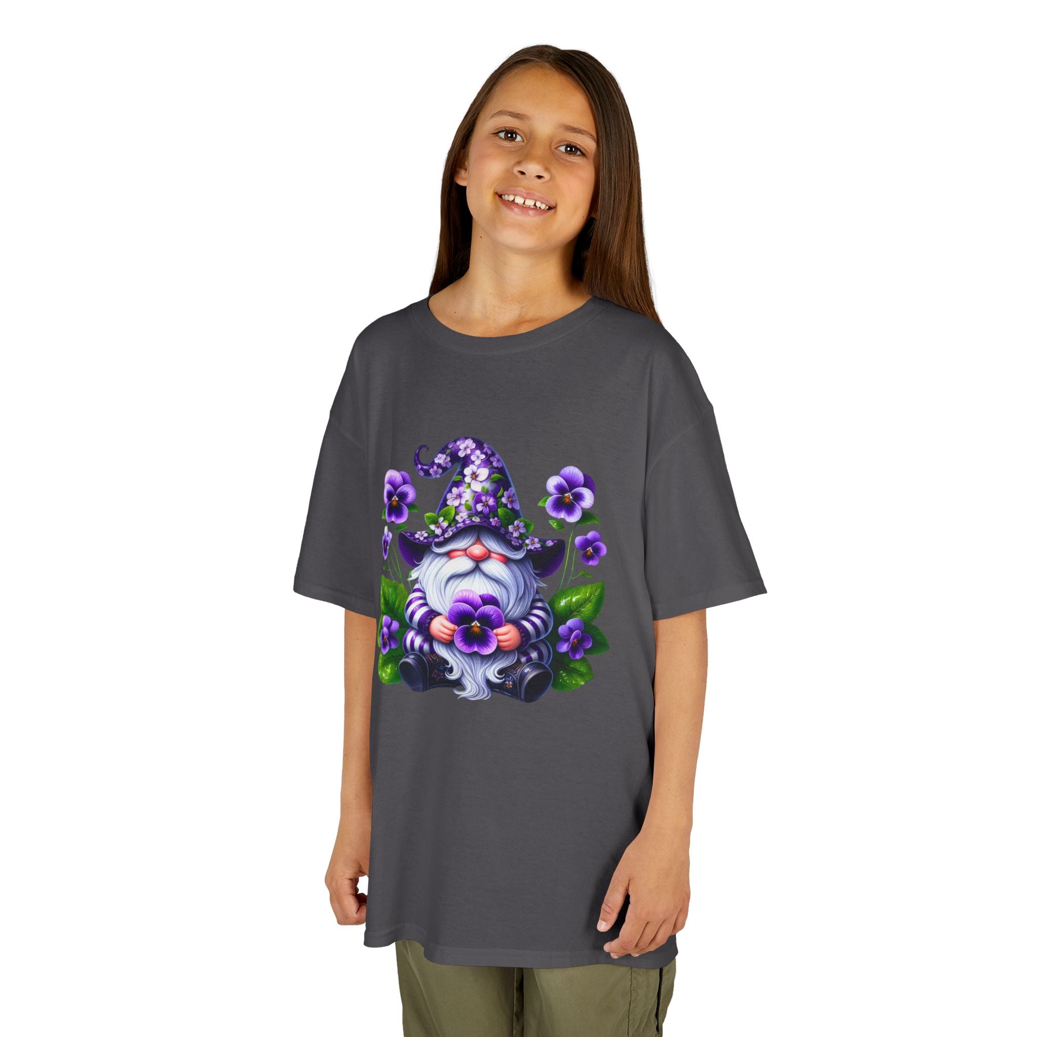 Kids Gnome T‑Shirt — Cute Purple Floral Wizard Gnome Tee for Children