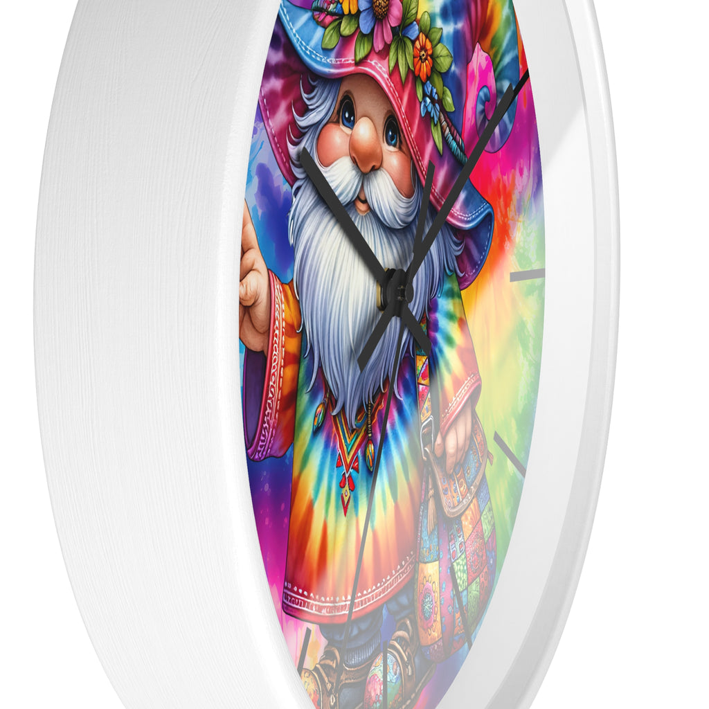 Tie-Dye Gnome Wall Clock — Colorful Hippie Garden Decor