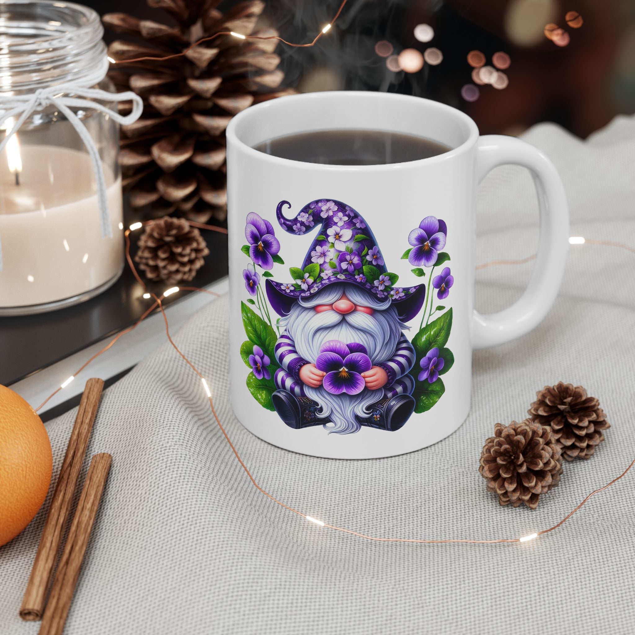 Purple Gnome Pansy Floral Ceramic Mug (11oz & 15oz)