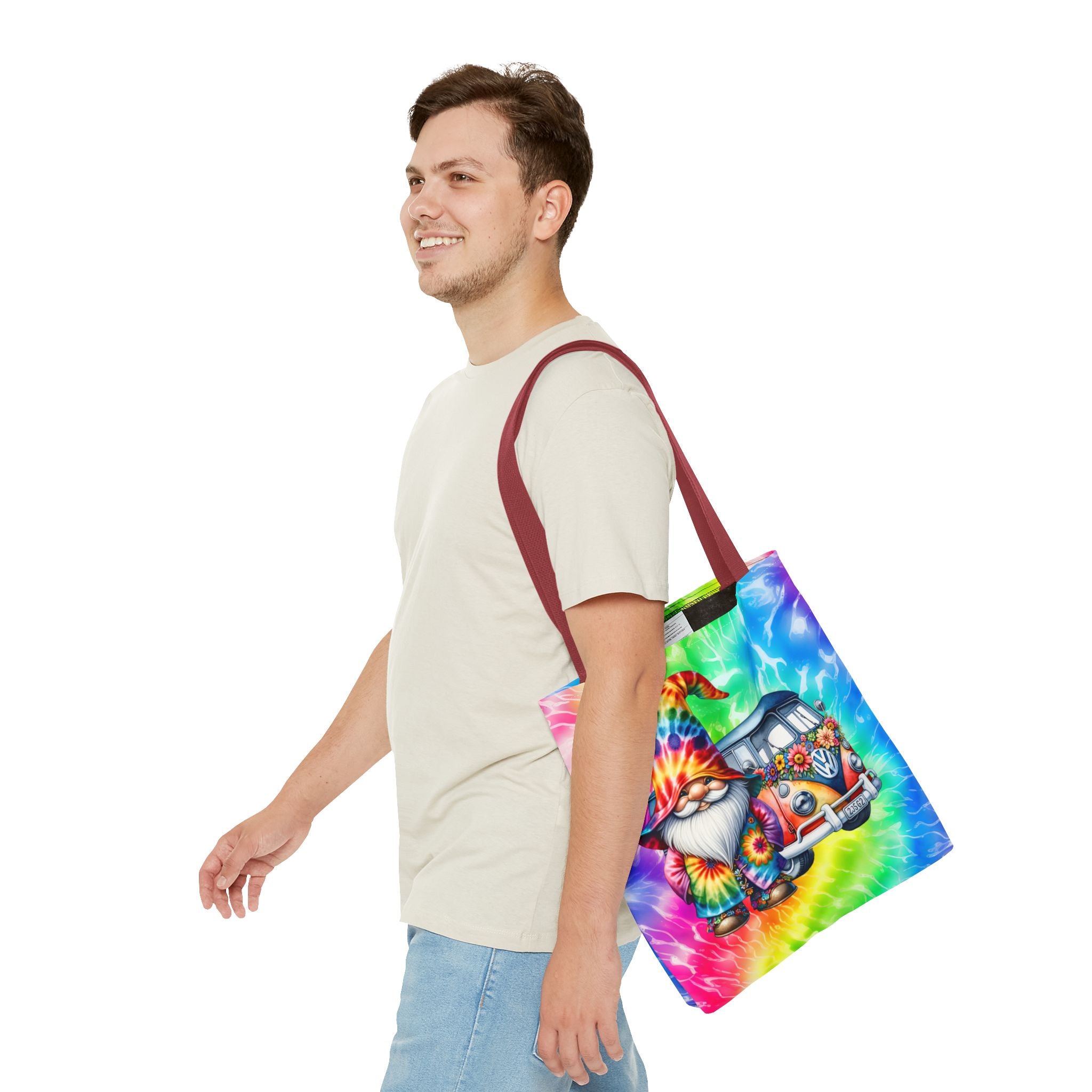 Tie-Dye Hippie Gnome Tote Bag — VW Bus Floral Boho Beach Tote