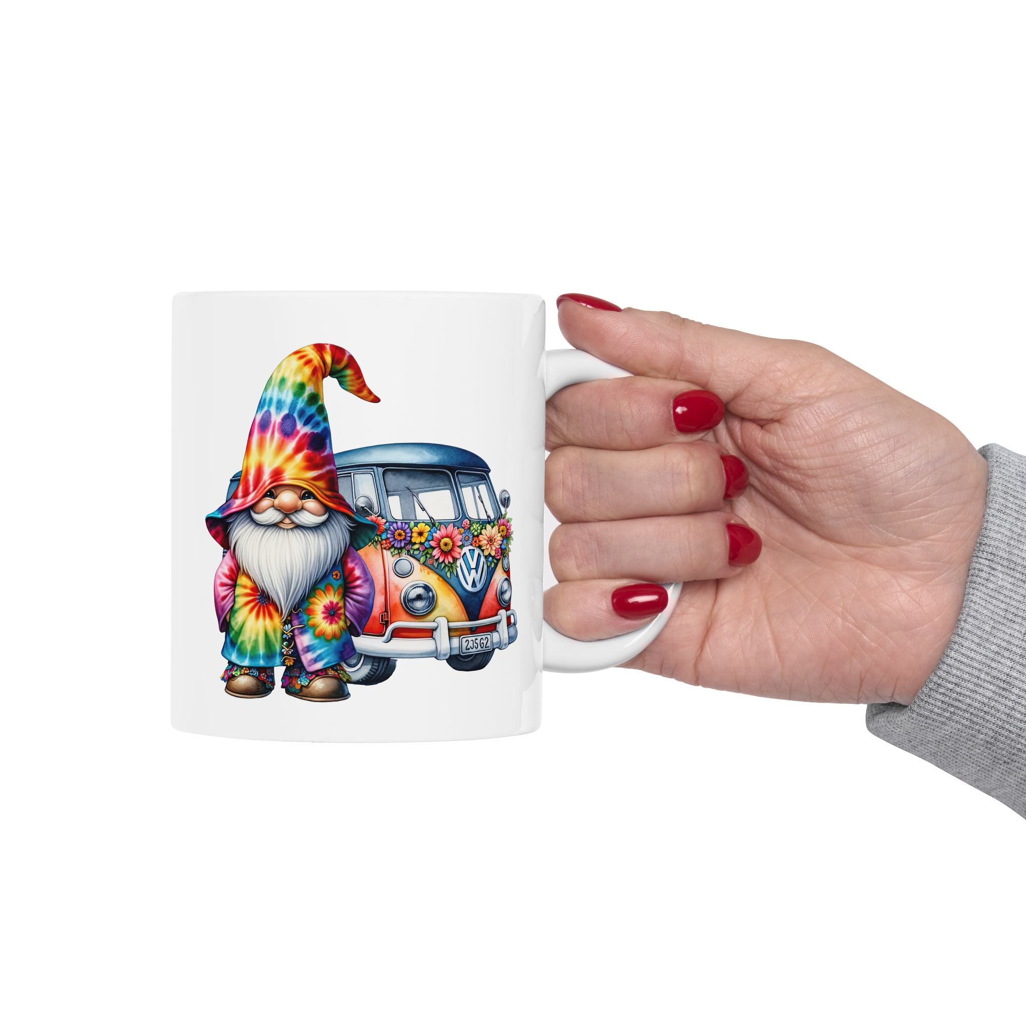 Tie-Dye Gnome Ceramic Mug (11oz, 15oz) — Hippie Van & Colorful Gnome Coffee Cup