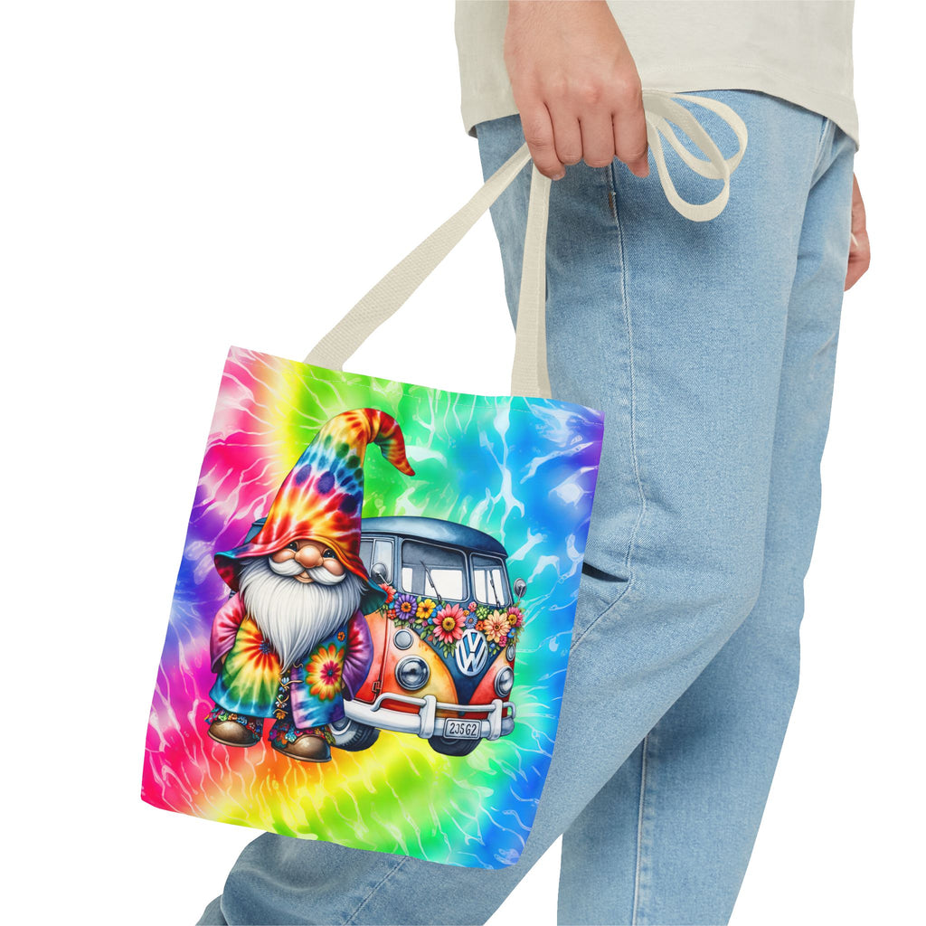 Tie-Dye Hippie Gnome Tote Bag — VW Bus Floral Boho Beach Tote