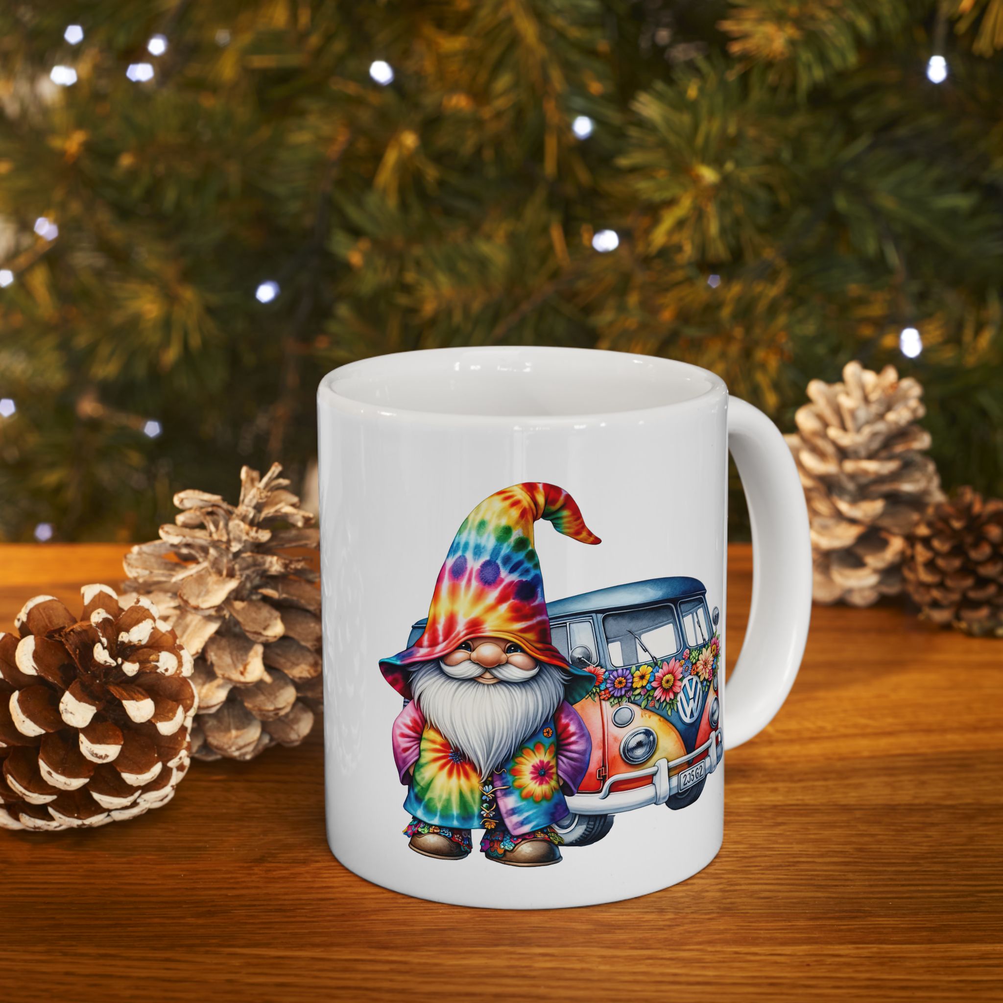 Tie-Dye Gnome Ceramic Mug (11oz, 15oz) — Hippie Van & Colorful Gnome Coffee Cup