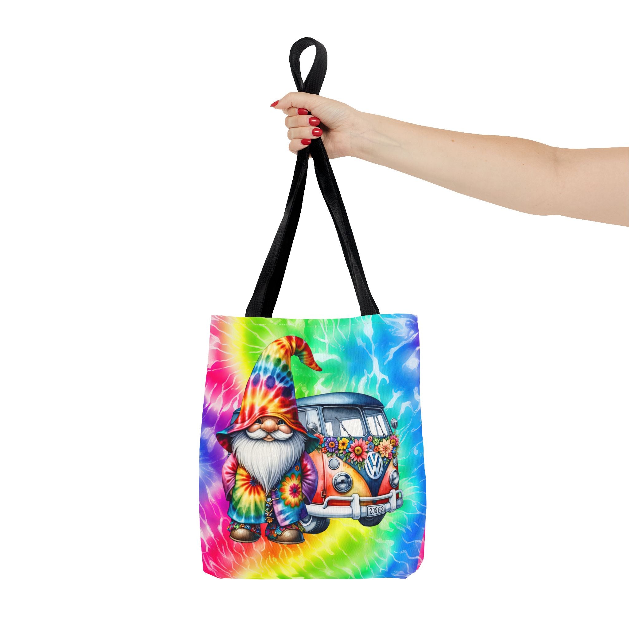 Tie-Dye Hippie Gnome Tote Bag — VW Bus Floral Boho Beach Tote