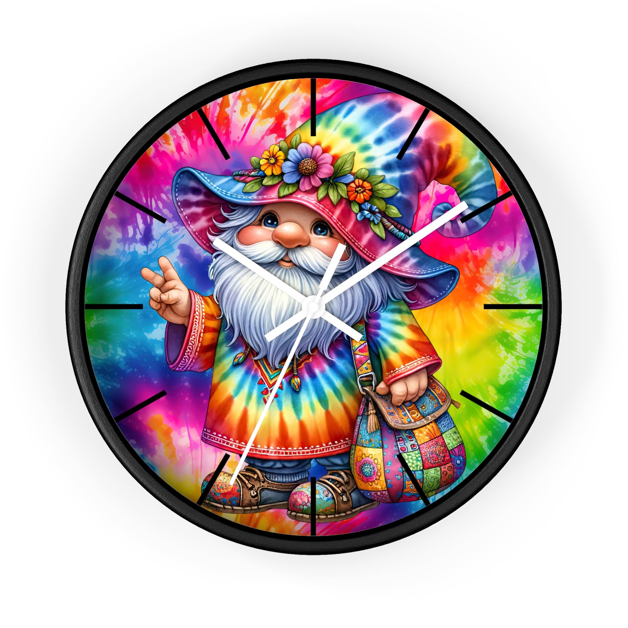 Tie-Dye Gnome Wall Clock — Colorful Hippie Garden Decor