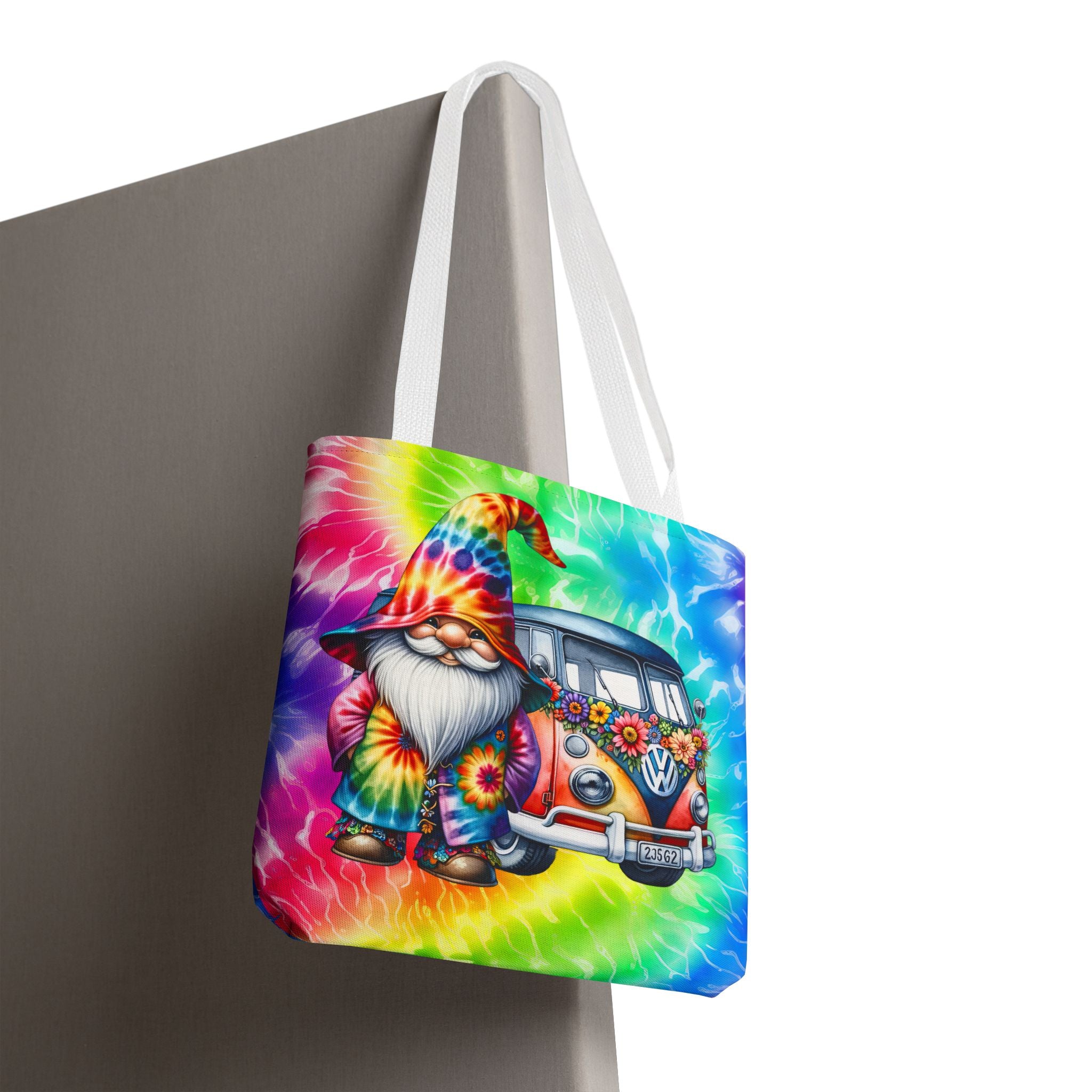 Tie-Dye Hippie Gnome Tote Bag — VW Bus Floral Boho Beach Tote