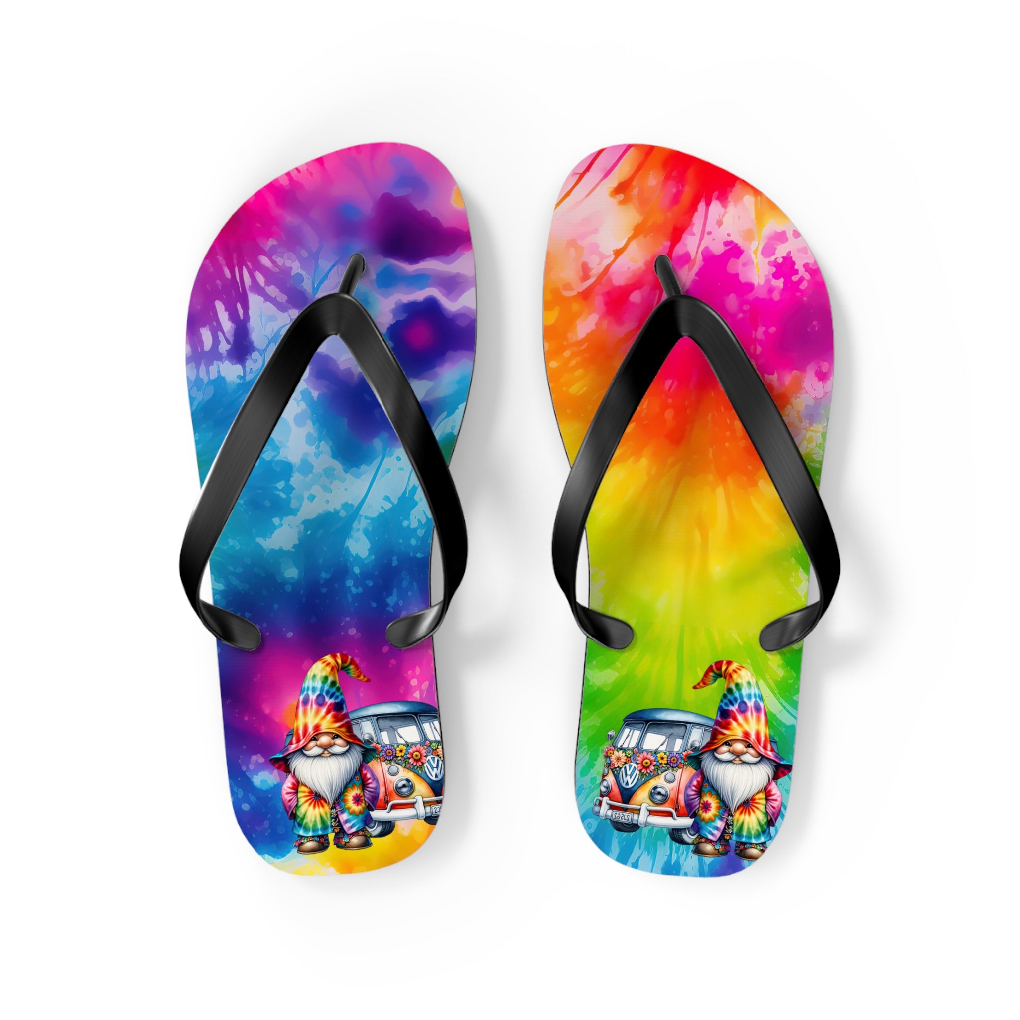 Tie-Dye Gnome Flip Flops — Colorful Summer Beach Sandals