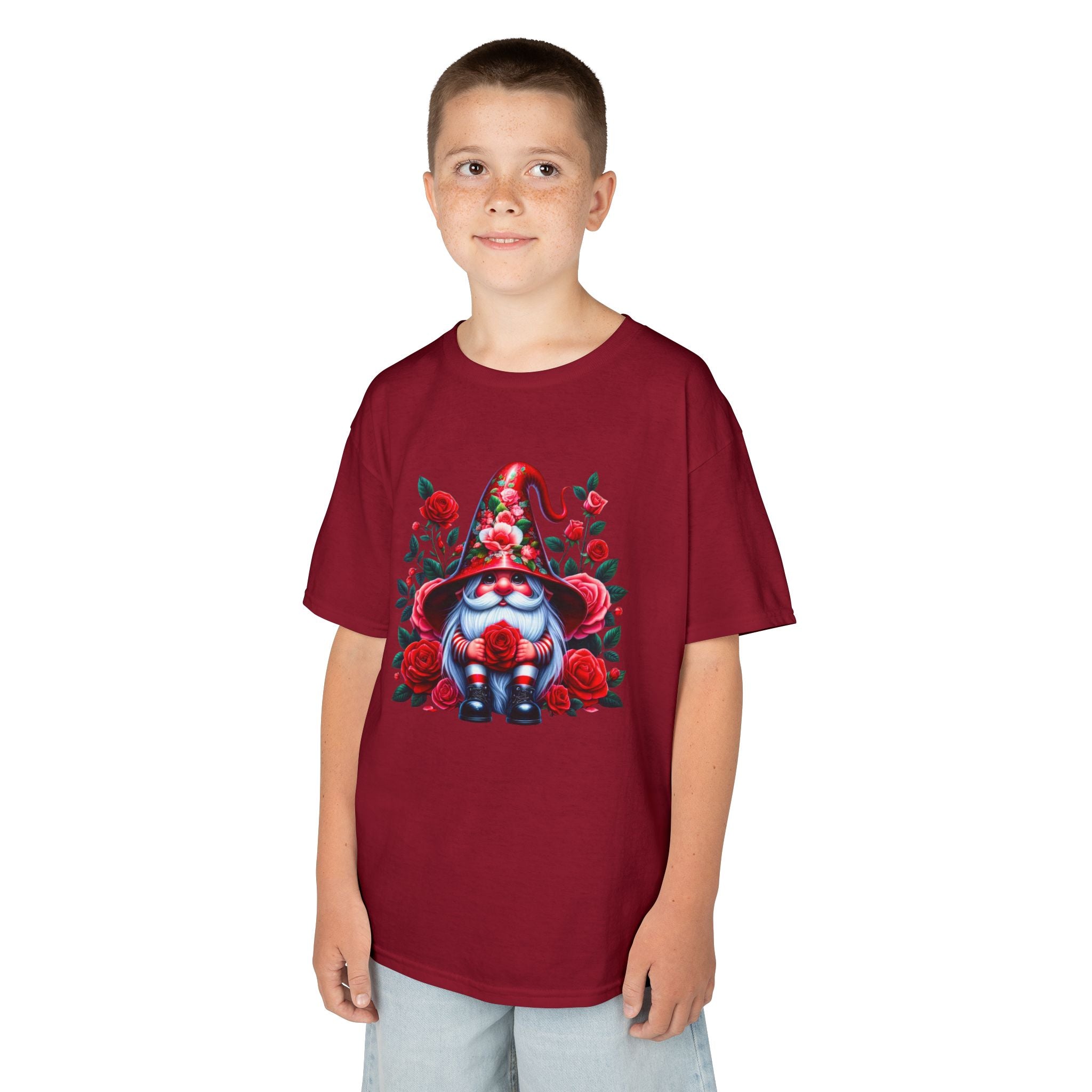 Valentine Gnome Kids Tee — Cute Red Rose Garden Gnome Shirt