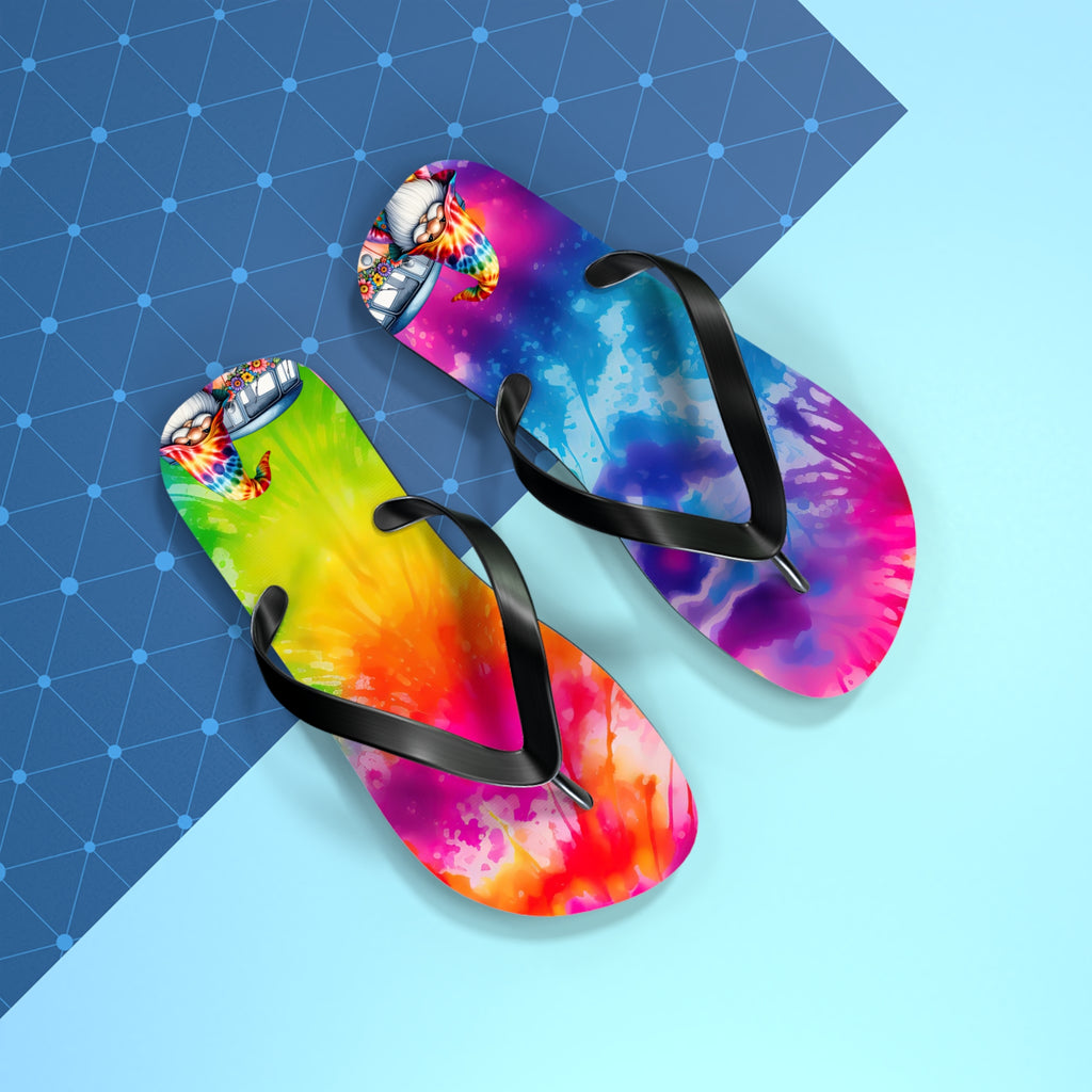Tie-Dye Gnome Flip Flops — Colorful Summer Beach Sandals