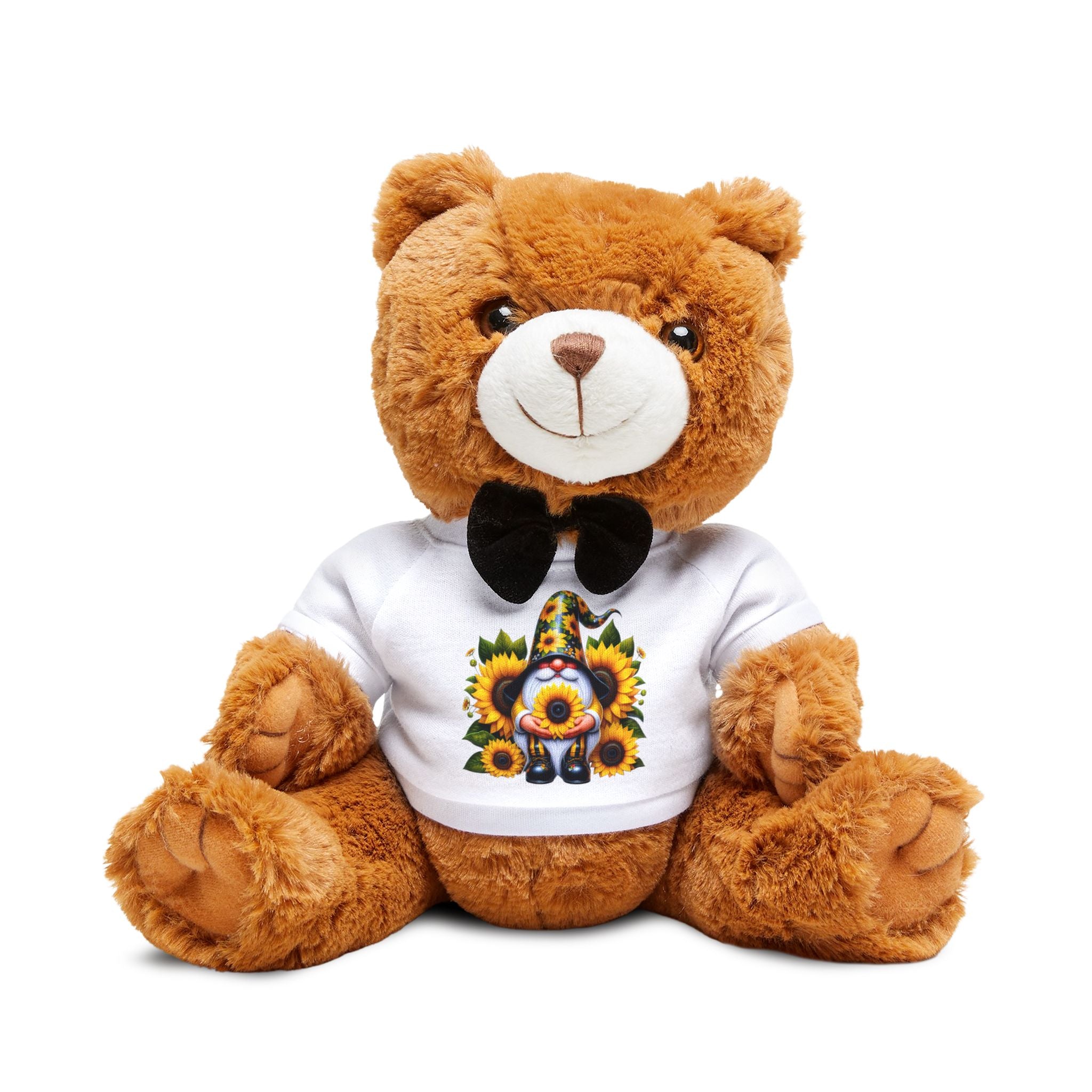 Sunflower Gnome Fox Teddy Bear with Bow Tie — Cute Plush Gift with Printed T‑Shirt