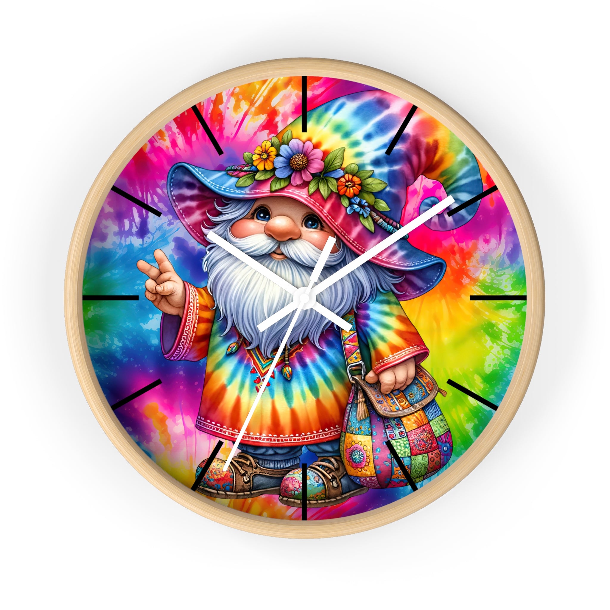 Tie-Dye Gnome Wall Clock — Colorful Hippie Garden Decor