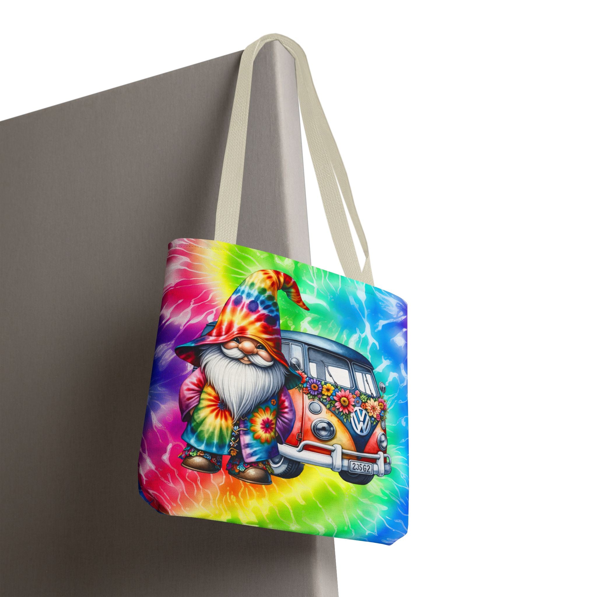 Tie-Dye Hippie Gnome Tote Bag — VW Bus Floral Boho Beach Tote