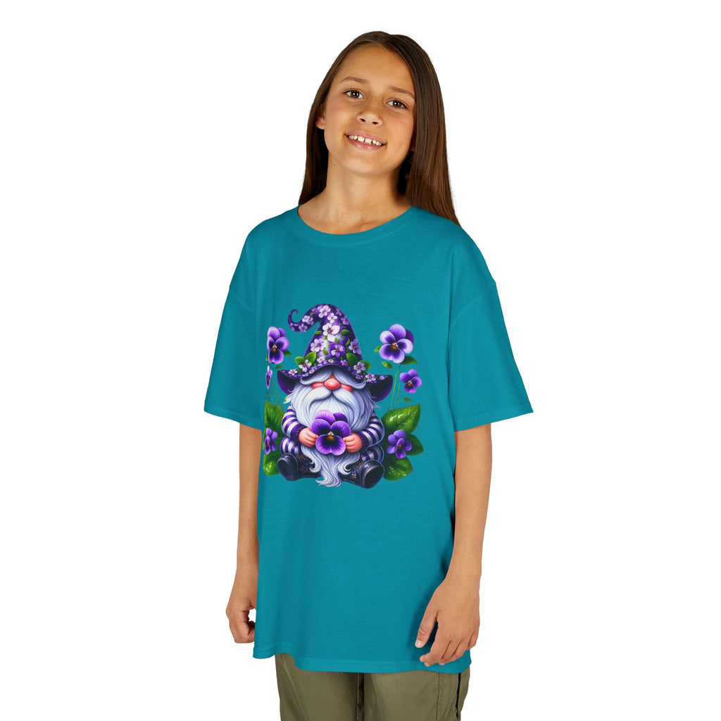 Kids Gnome T‑Shirt — Cute Purple Floral Wizard Gnome Tee for Children
