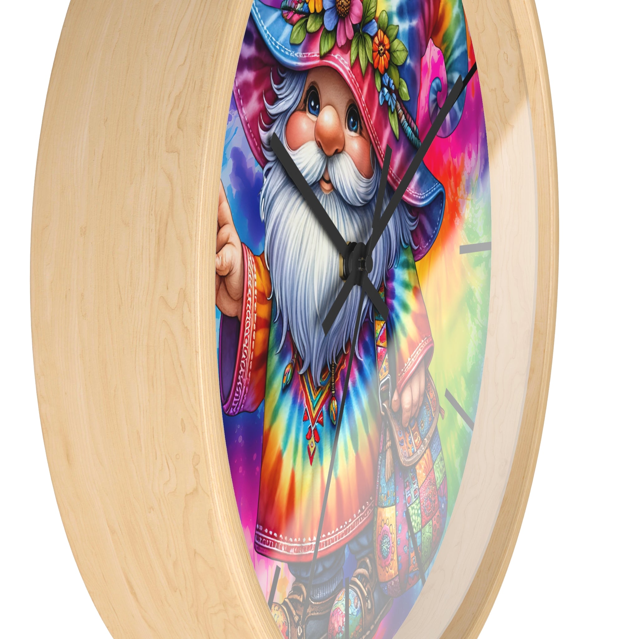 Tie-Dye Gnome Wall Clock — Colorful Hippie Garden Decor