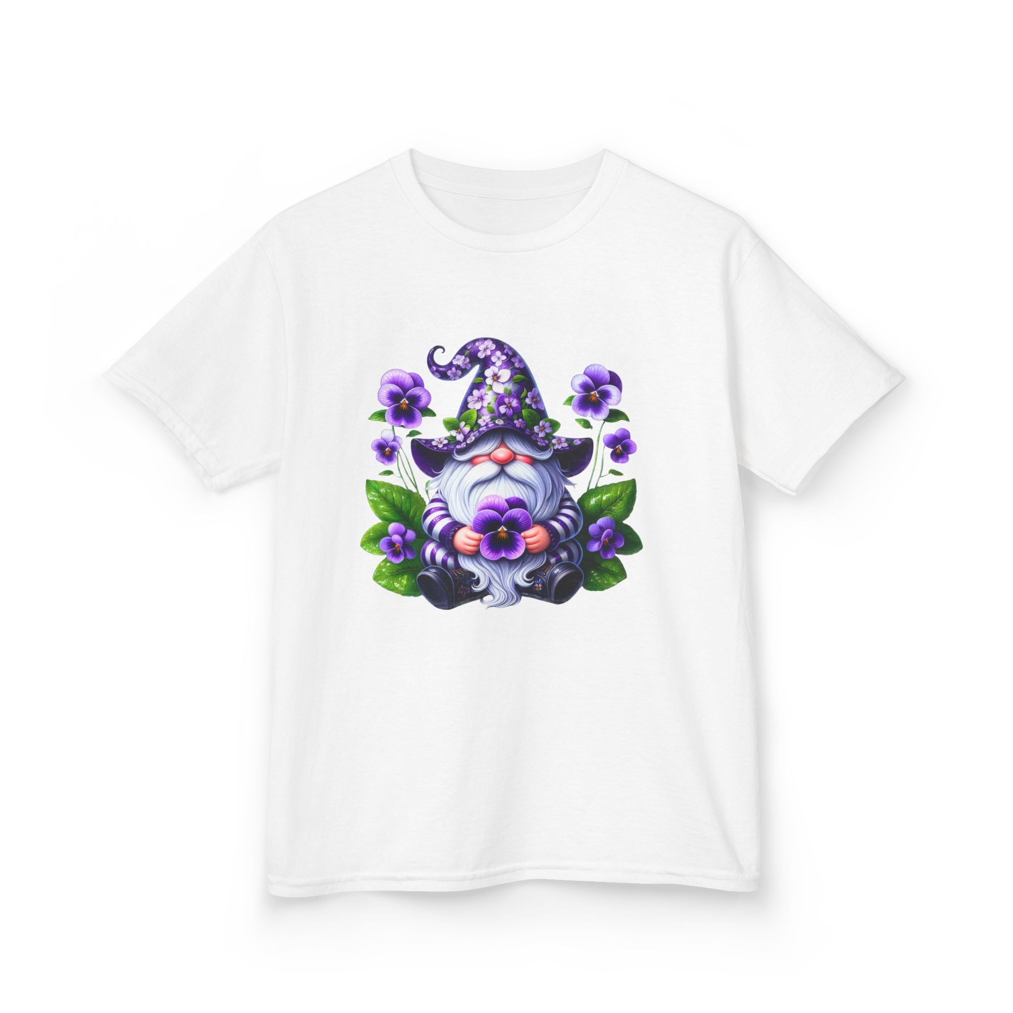 Kids Gnome T‑Shirt — Cute Purple Floral Wizard Gnome Tee for Children