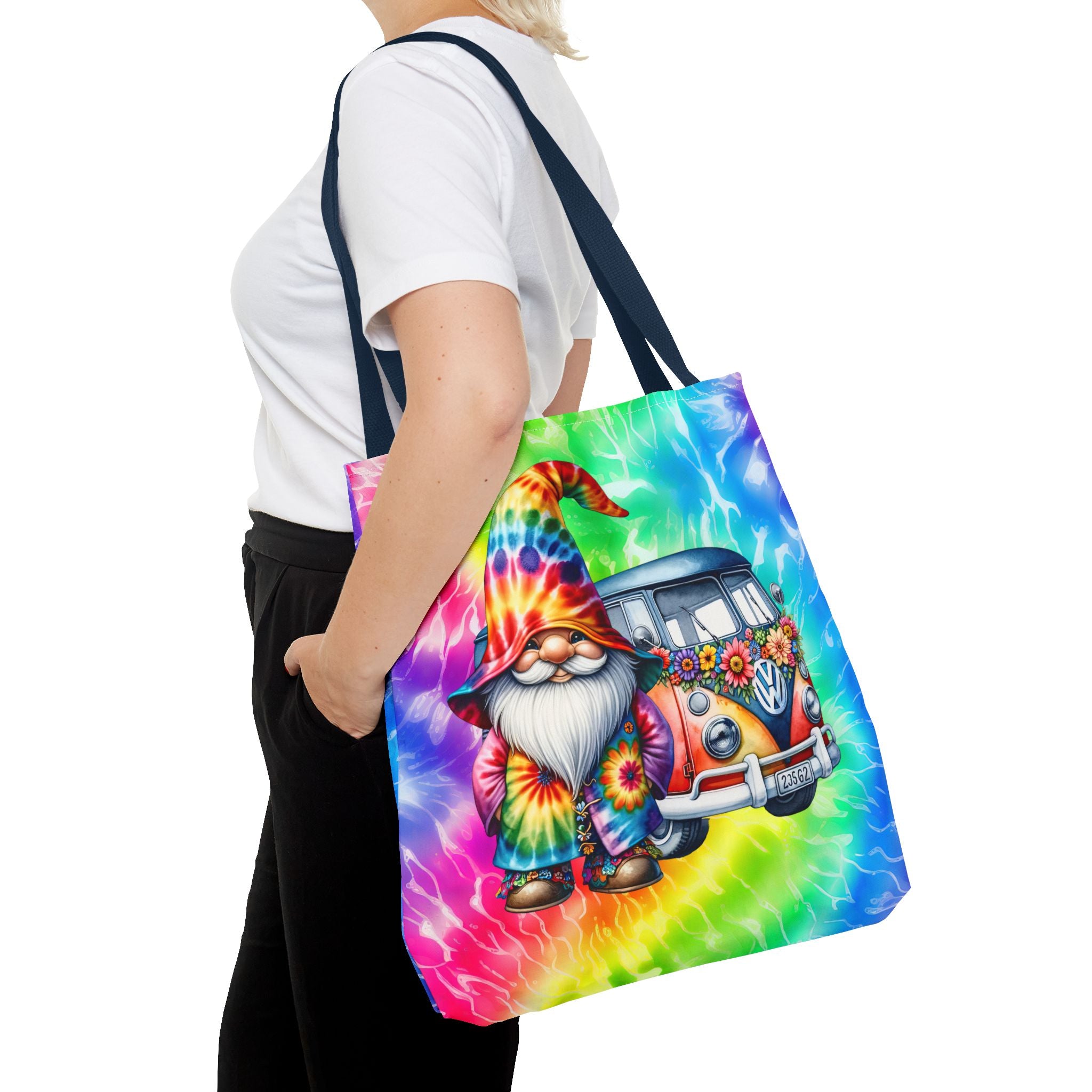 Tie-Dye Hippie Gnome Tote Bag — VW Bus Floral Boho Beach Tote