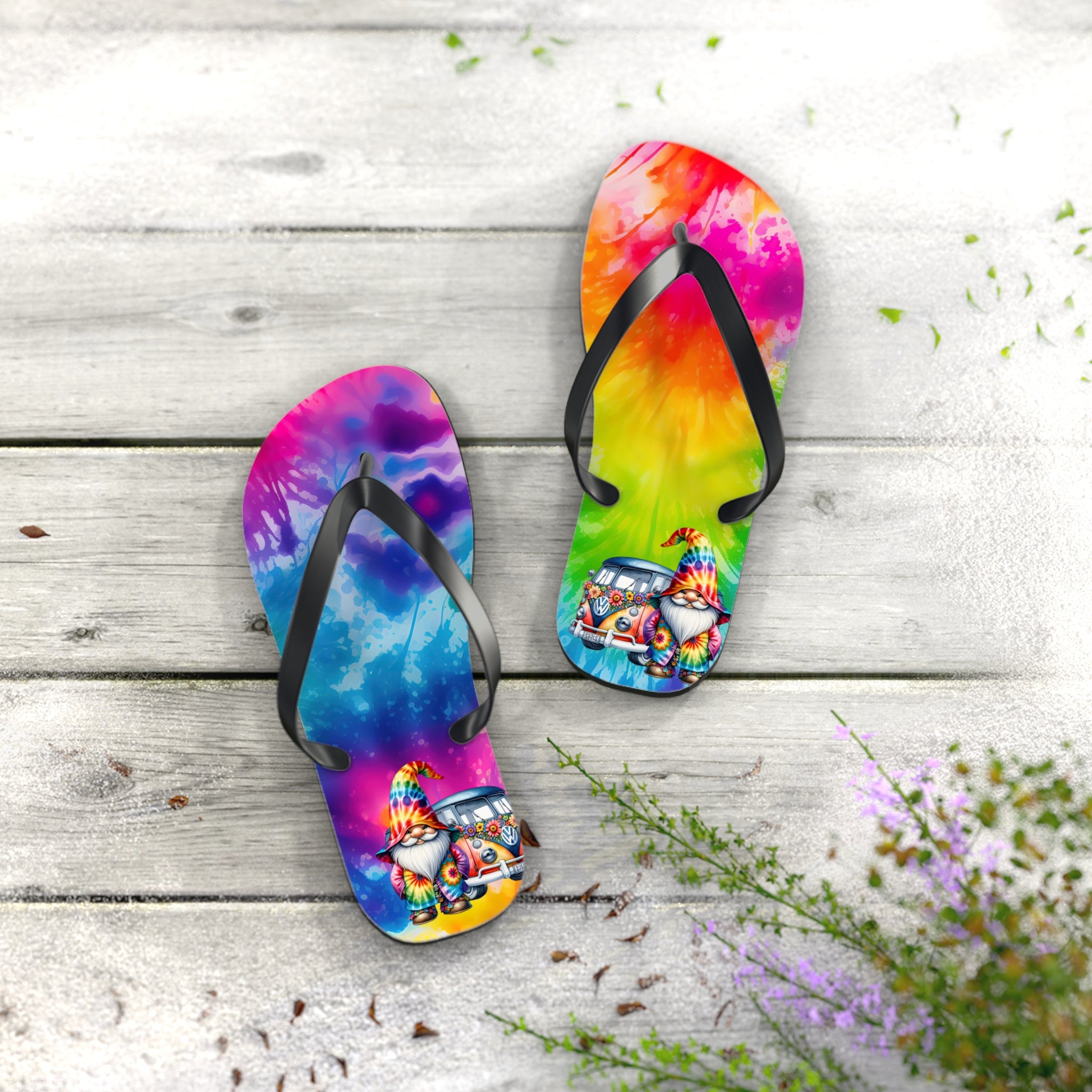 Tie-Dye Gnome Flip Flops — Colorful Summer Beach Sandals