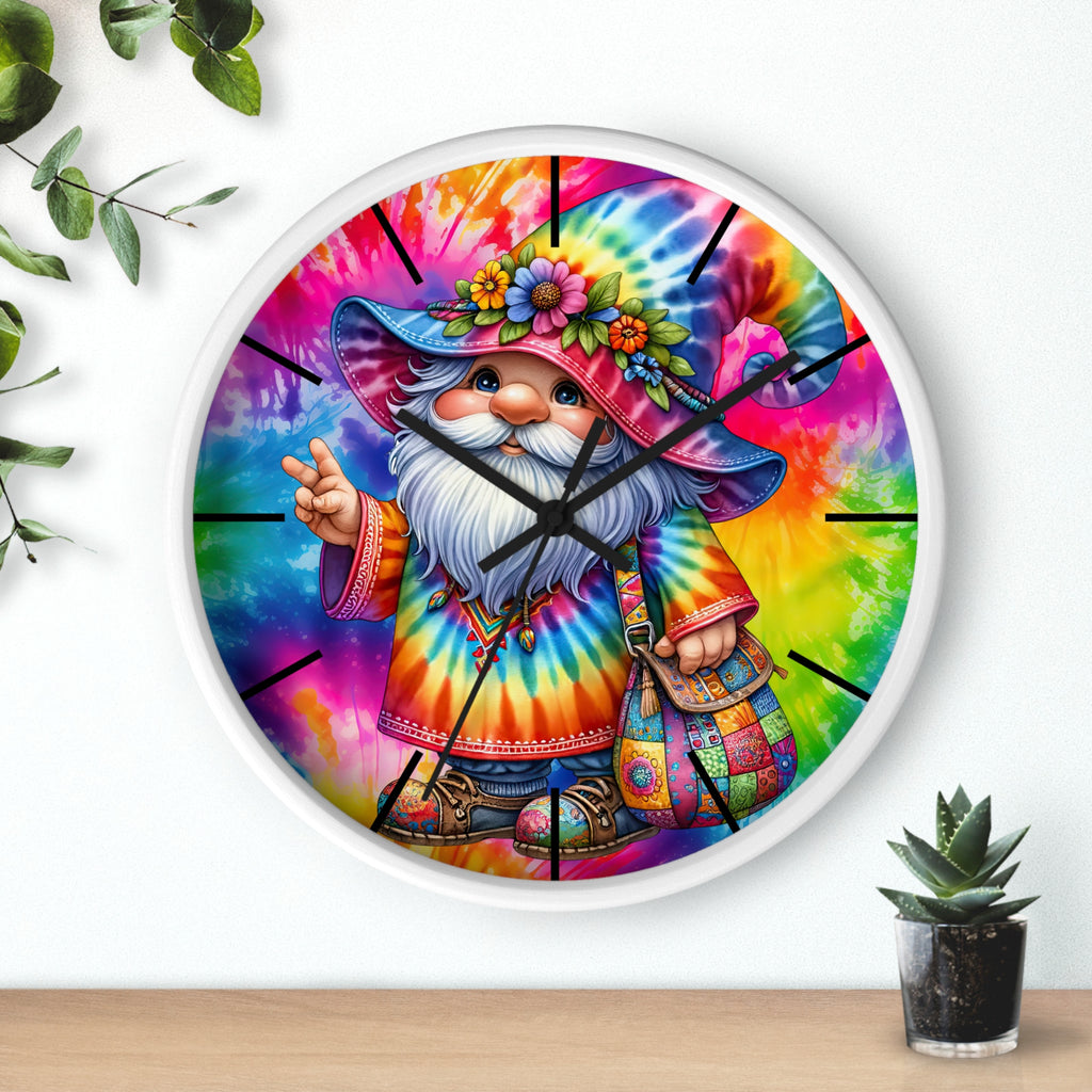 Tie-Dye Gnome Wall Clock — Colorful Hippie Garden Decor