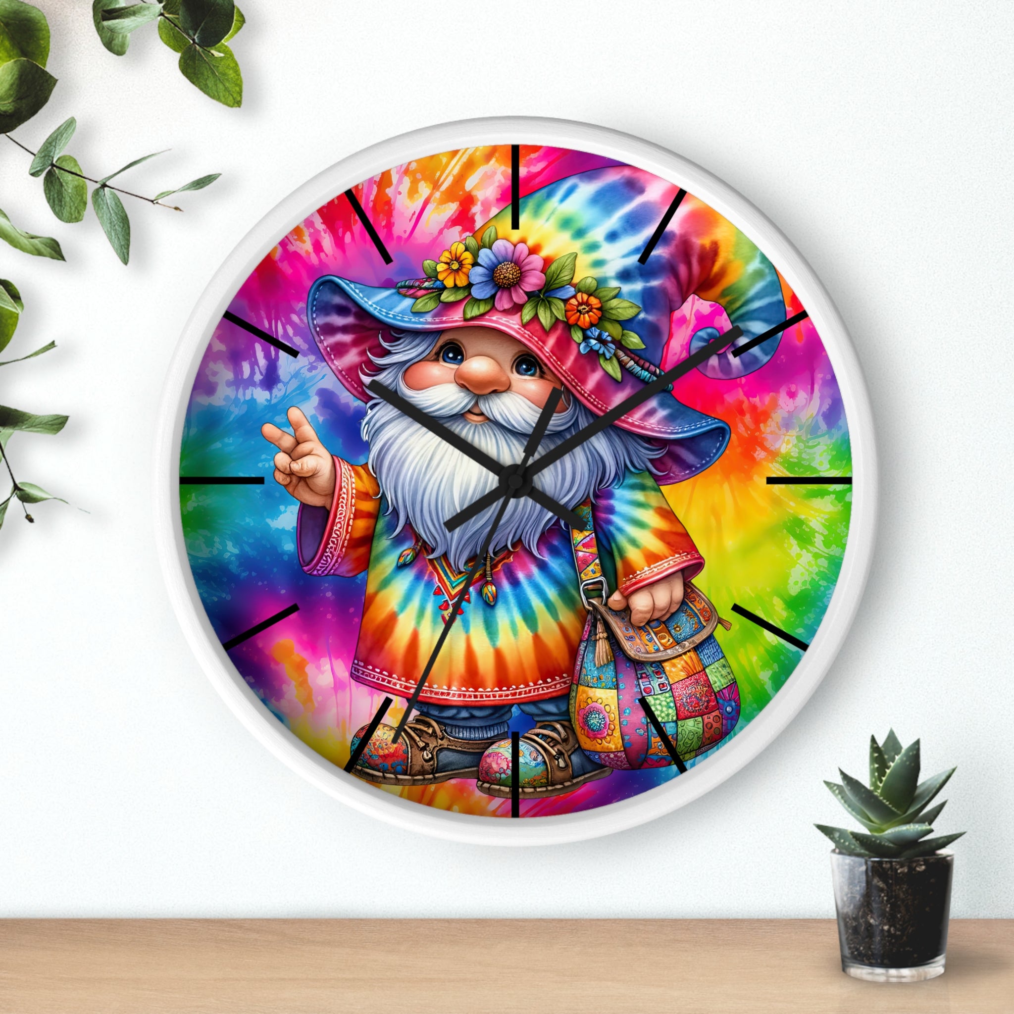 Tie-Dye Gnome Wall Clock — Colorful Hippie Garden Decor