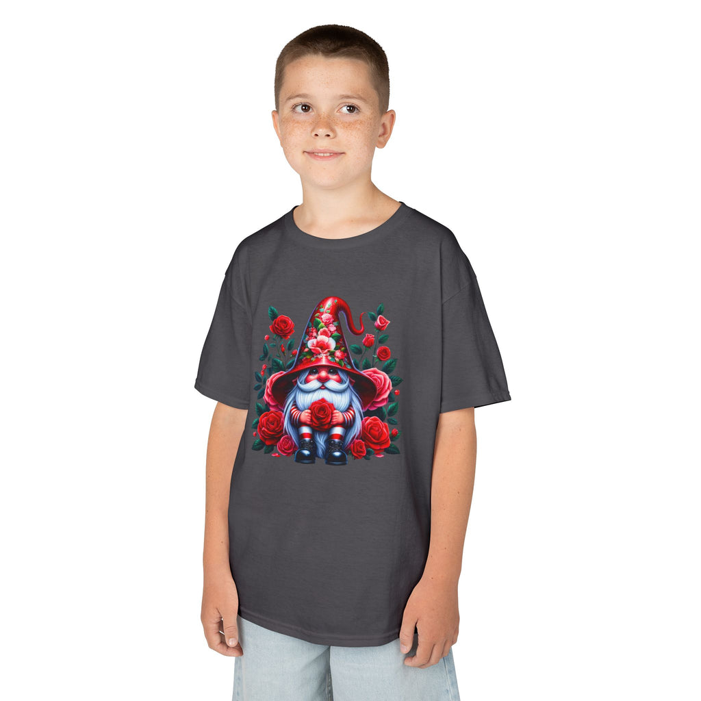 Valentine Gnome Kids Tee — Cute Red Rose Garden Gnome Shirt