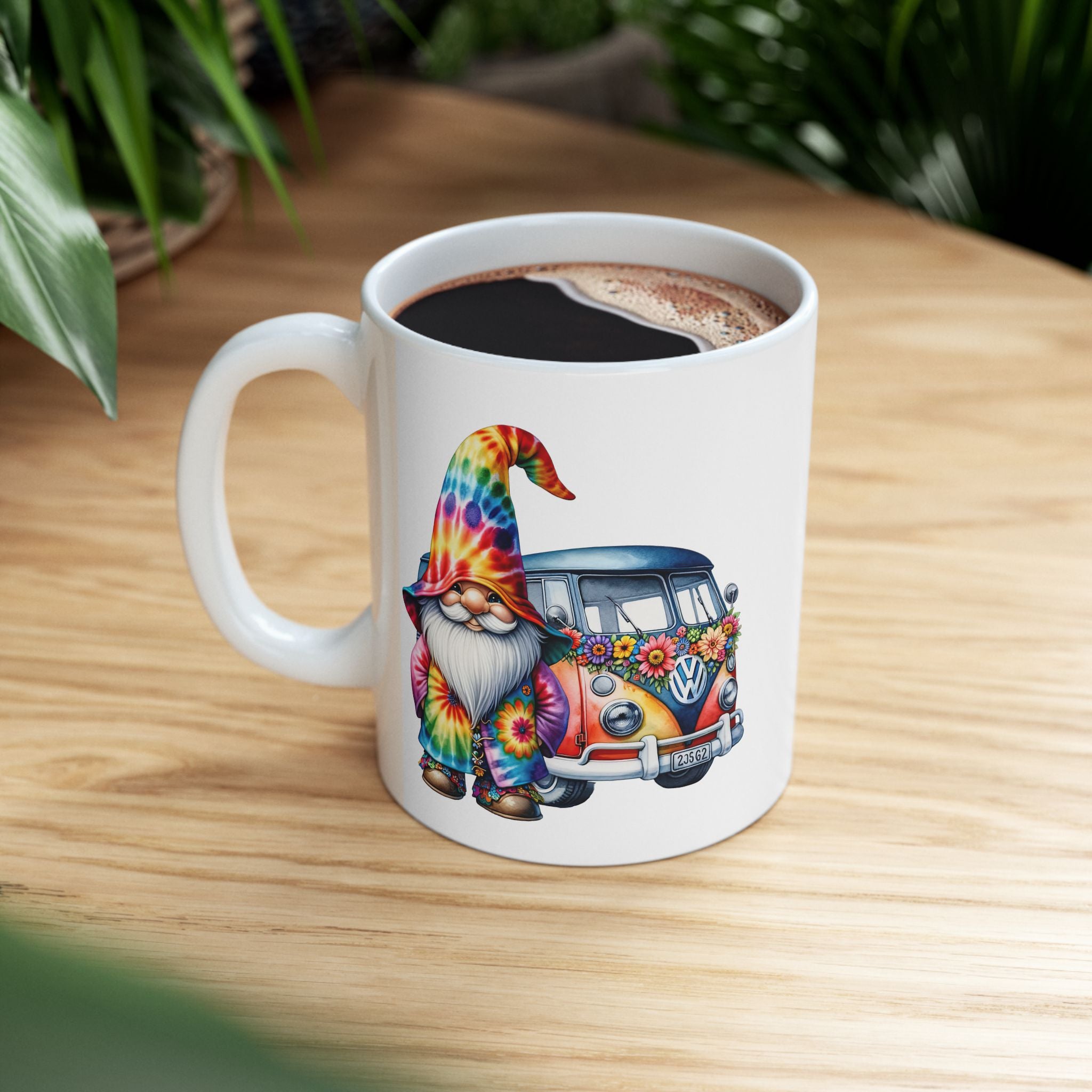 Tie-Dye Gnome Ceramic Mug (11oz, 15oz) — Hippie Van & Colorful Gnome Coffee Cup