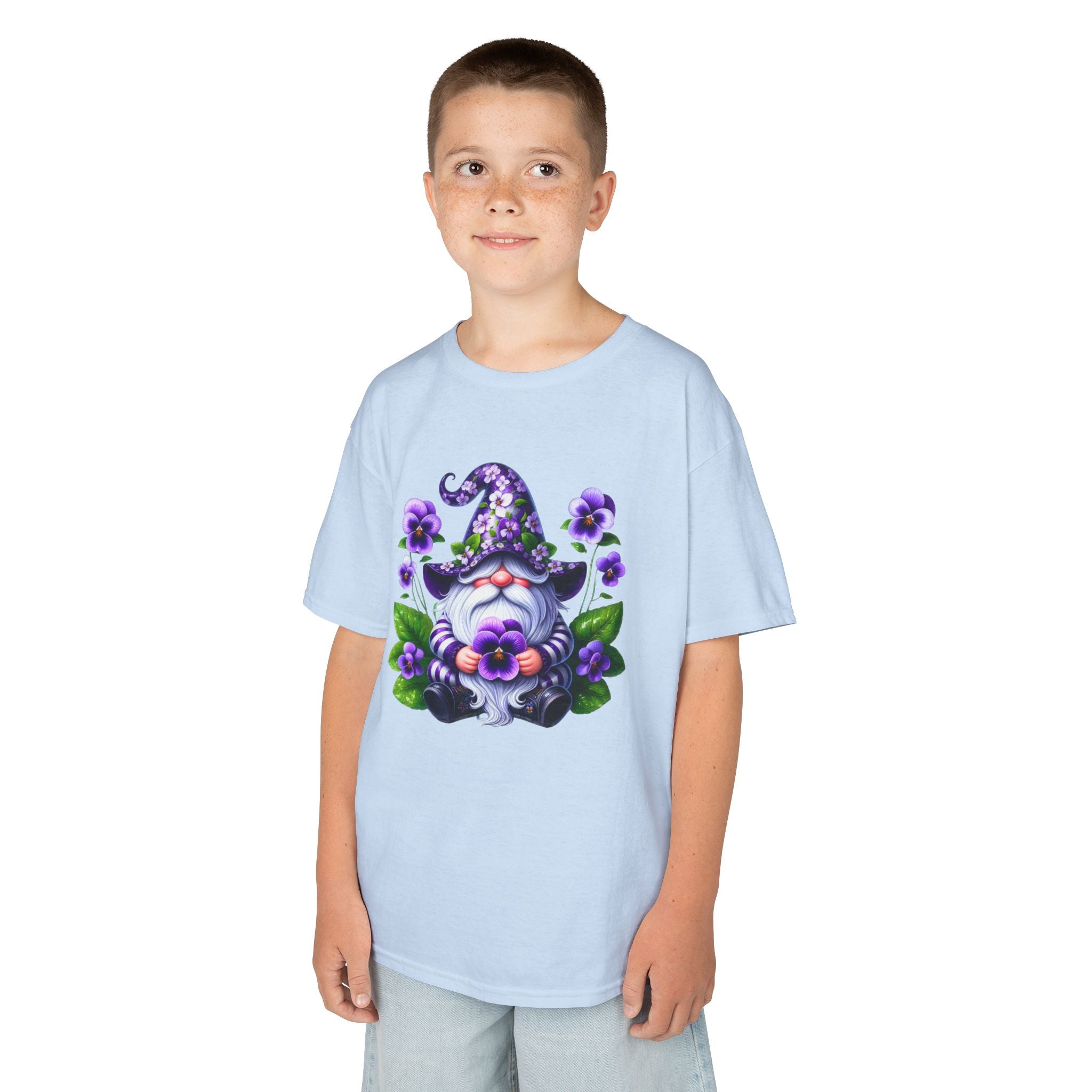 Kids Gnome T‑Shirt — Cute Purple Floral Gnome Tee for Children