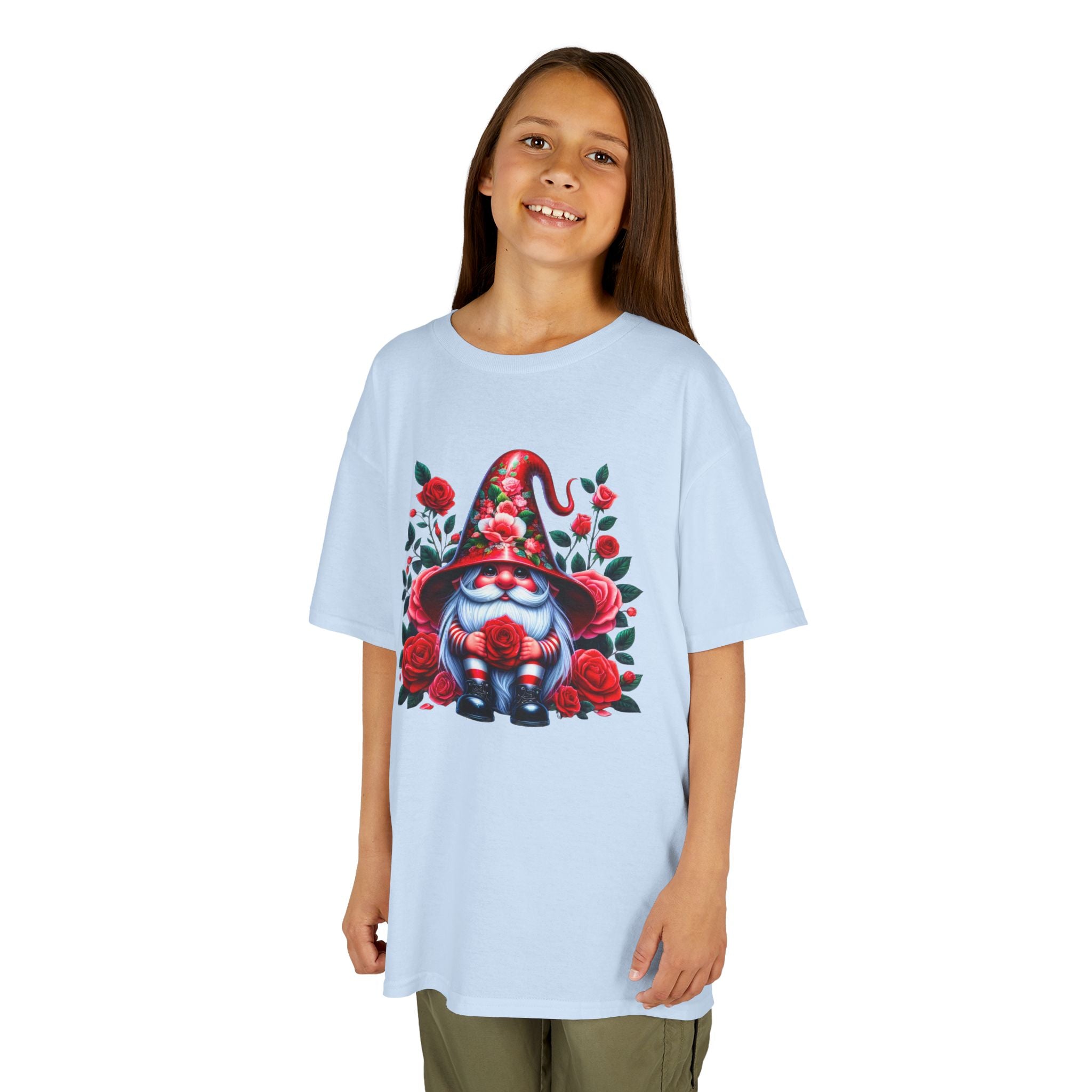 Valentine Gnome Kids Tee — Cute Red Rose Garden Gnome Shirt