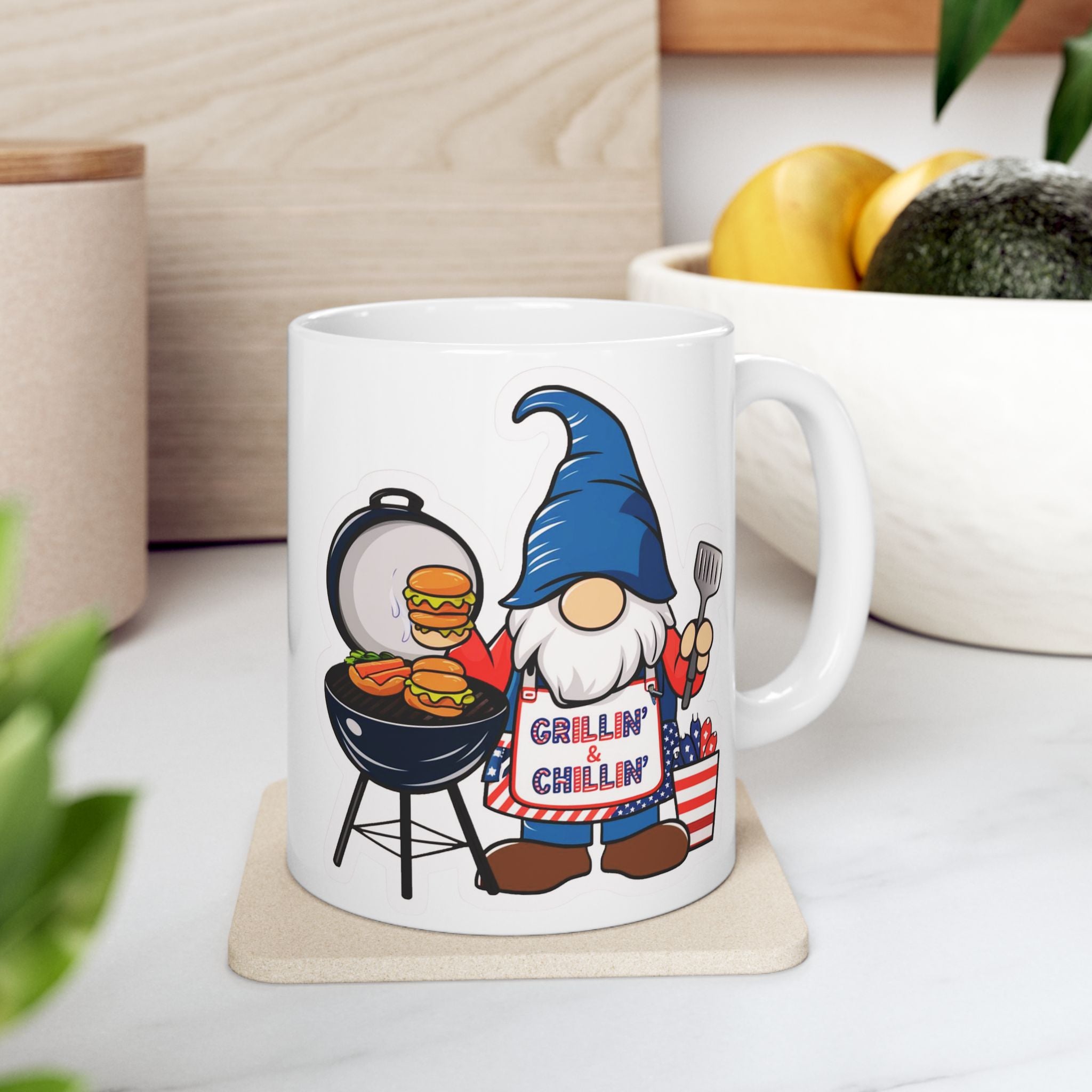Grilling Gnome Ceramic Mug — Cute BBQ & Patriotic Party Coffee Cup (11oz, 15oz)