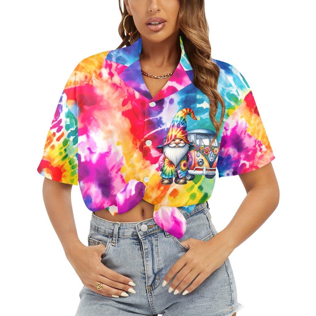 Gnome Tie Dye VW 60's Bus Women's All Over Print Hawaiian Shirt Made in USA
